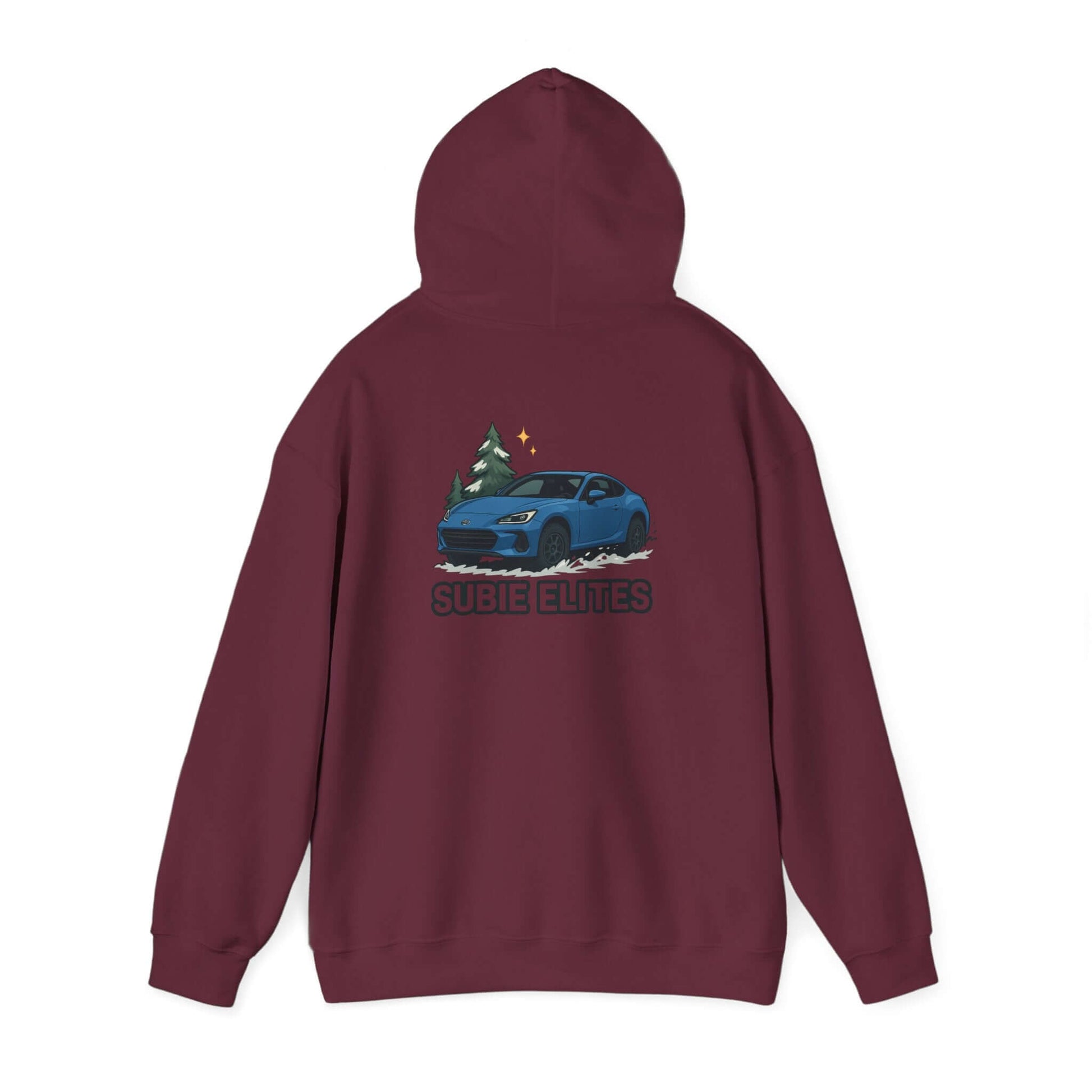 BRZ HOLIDAY HOODIE  pullover with blue BRZ graphic and evergreen trees, perfect for car enthusiasts.