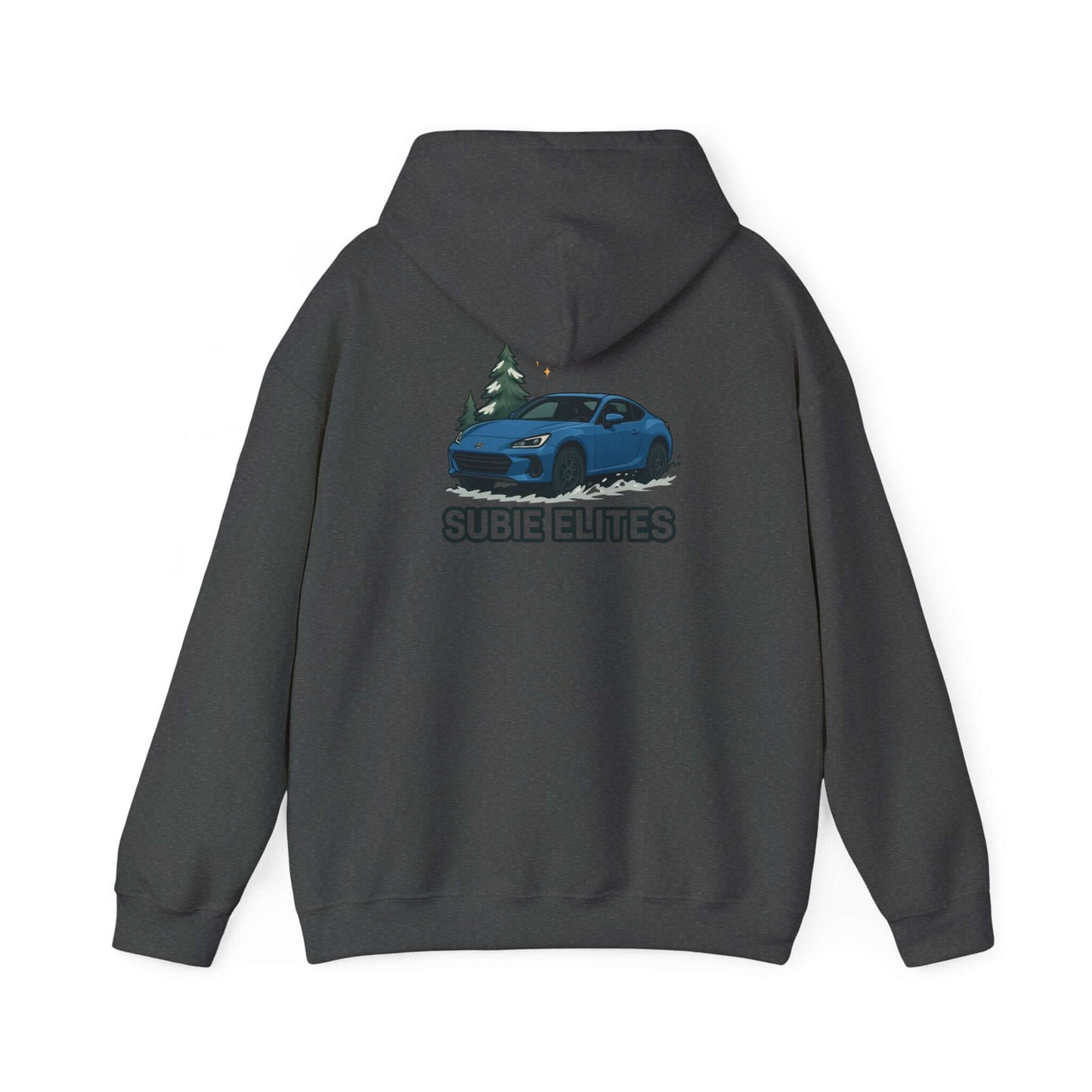 BRZ HOLIDAY HOODIE  pullover with blue BRZ graphic and evergreen trees, perfect for car enthusiasts.