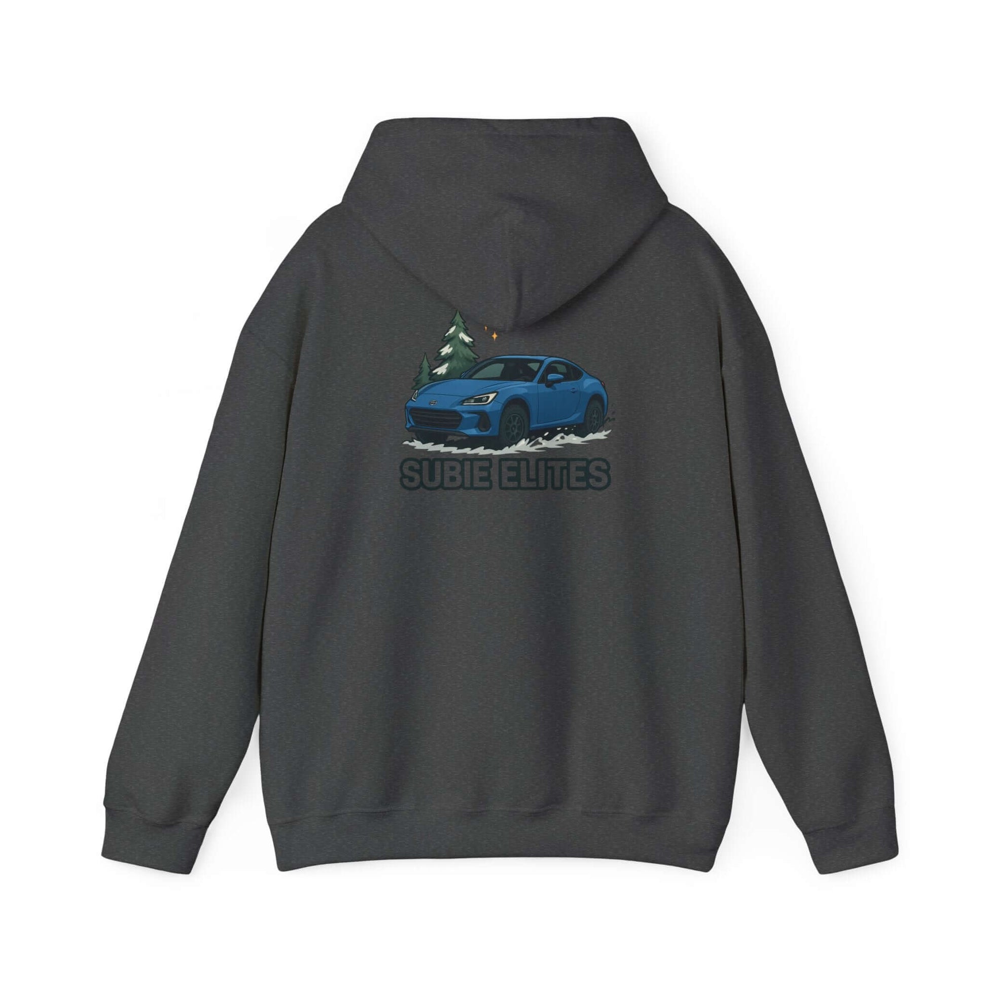 BRZ HOLIDAY HOODIE  pullover with blue BRZ graphic and evergreen trees, perfect for car enthusiasts.