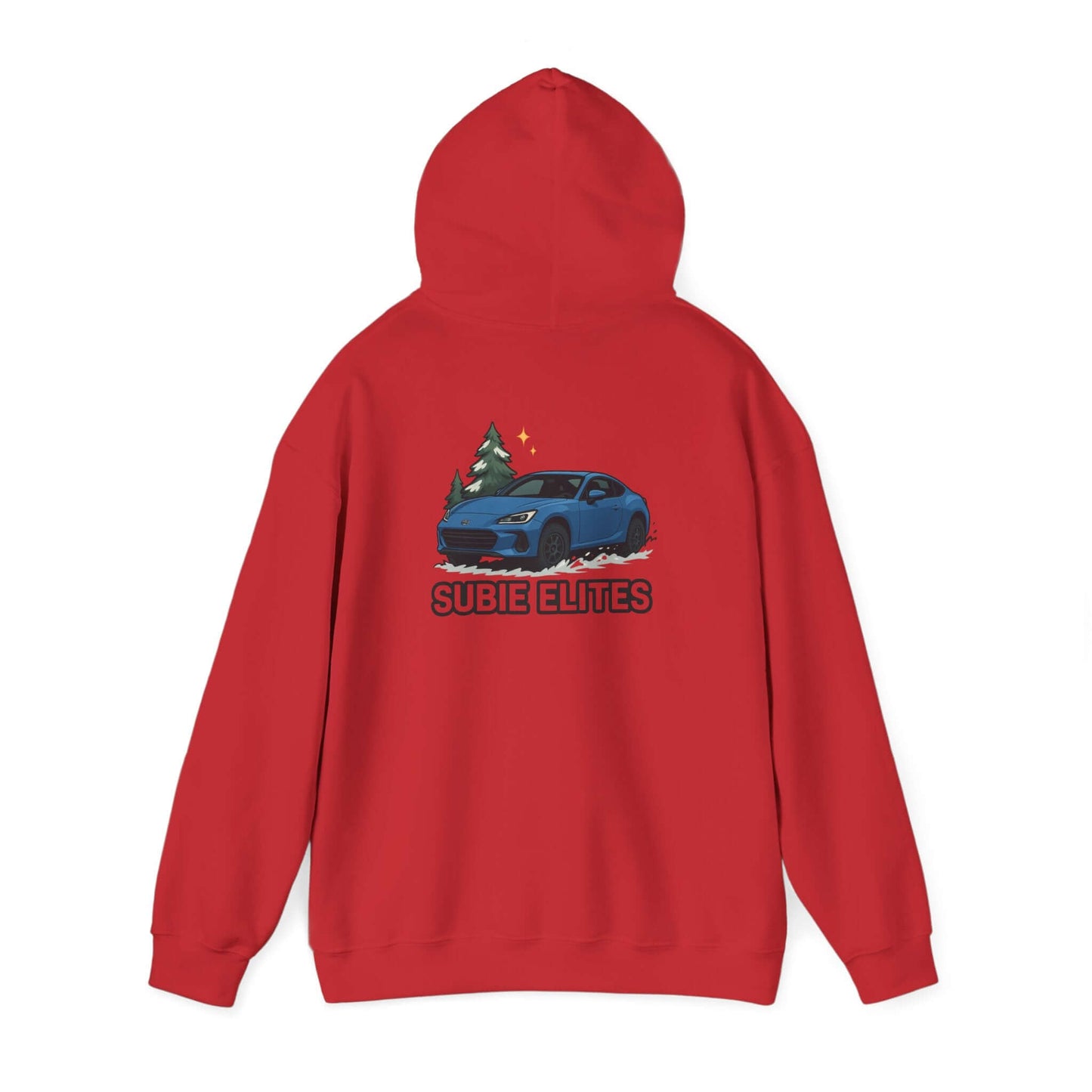 BRZ HOLIDAY HOODIE  pullover with blue BRZ graphic and evergreen trees, perfect for car enthusiasts.