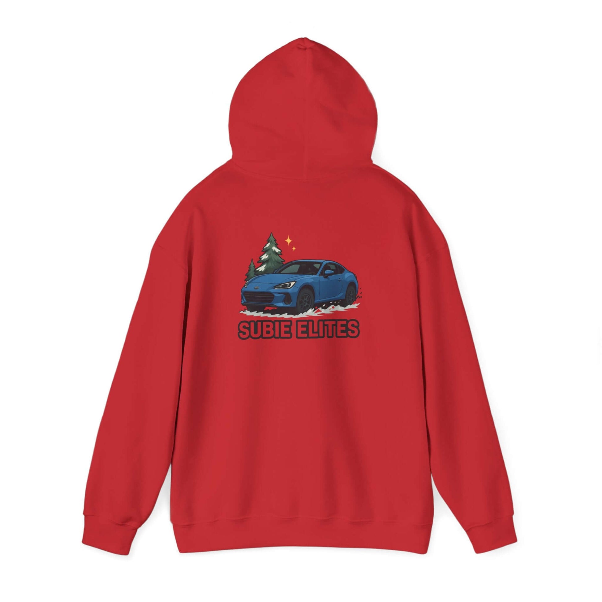 BRZ HOLIDAY HOODIE  pullover with blue BRZ graphic and evergreen trees, perfect for car enthusiasts.