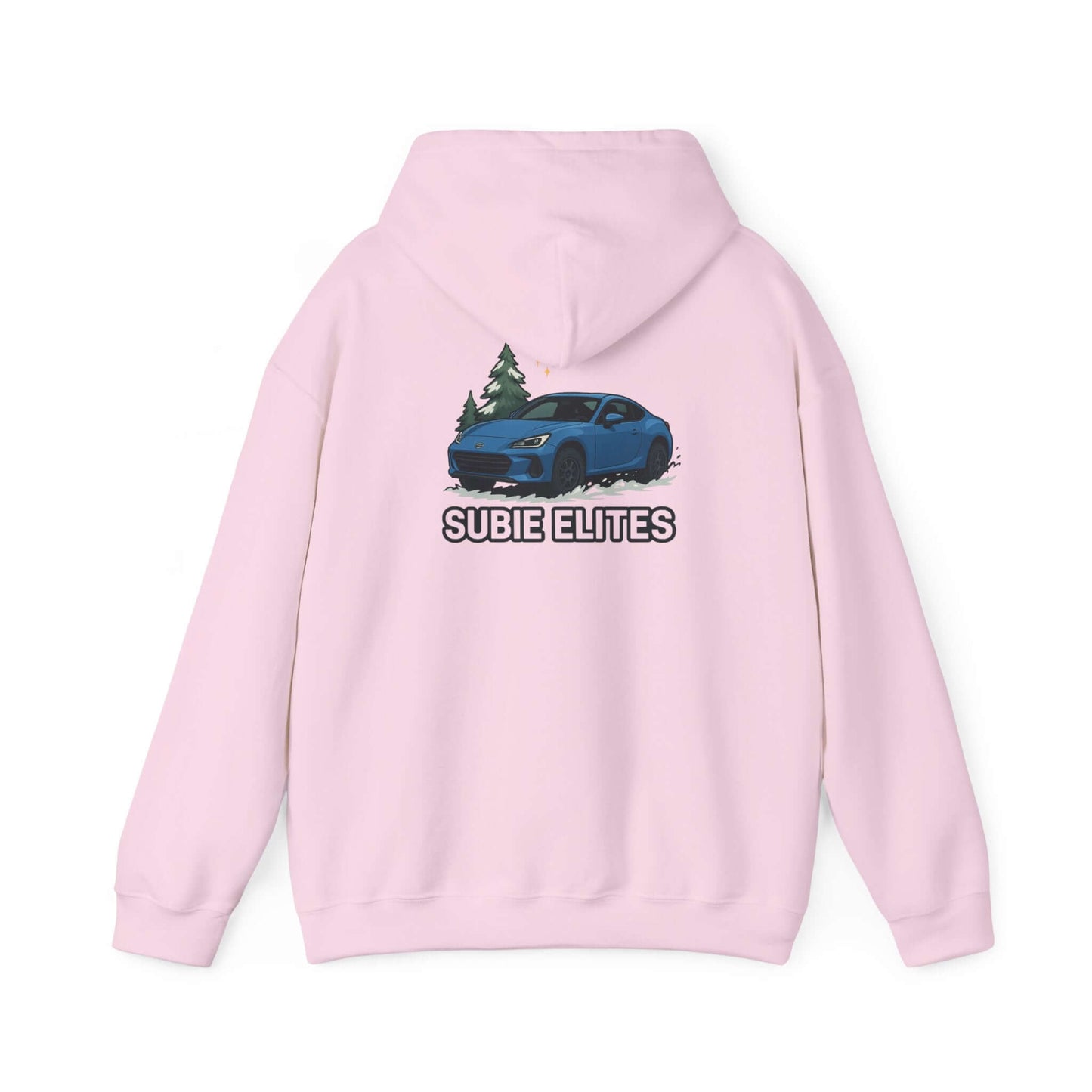 BRZ HOLIDAY HOODIE  pullover with blue BRZ graphic and evergreen trees, perfect for car enthusiasts.