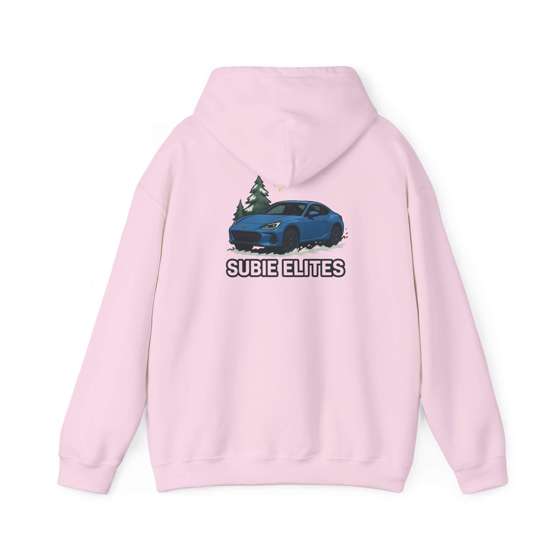 BRZ HOLIDAY HOODIE  pullover with blue BRZ graphic and evergreen trees, perfect for car enthusiasts.
