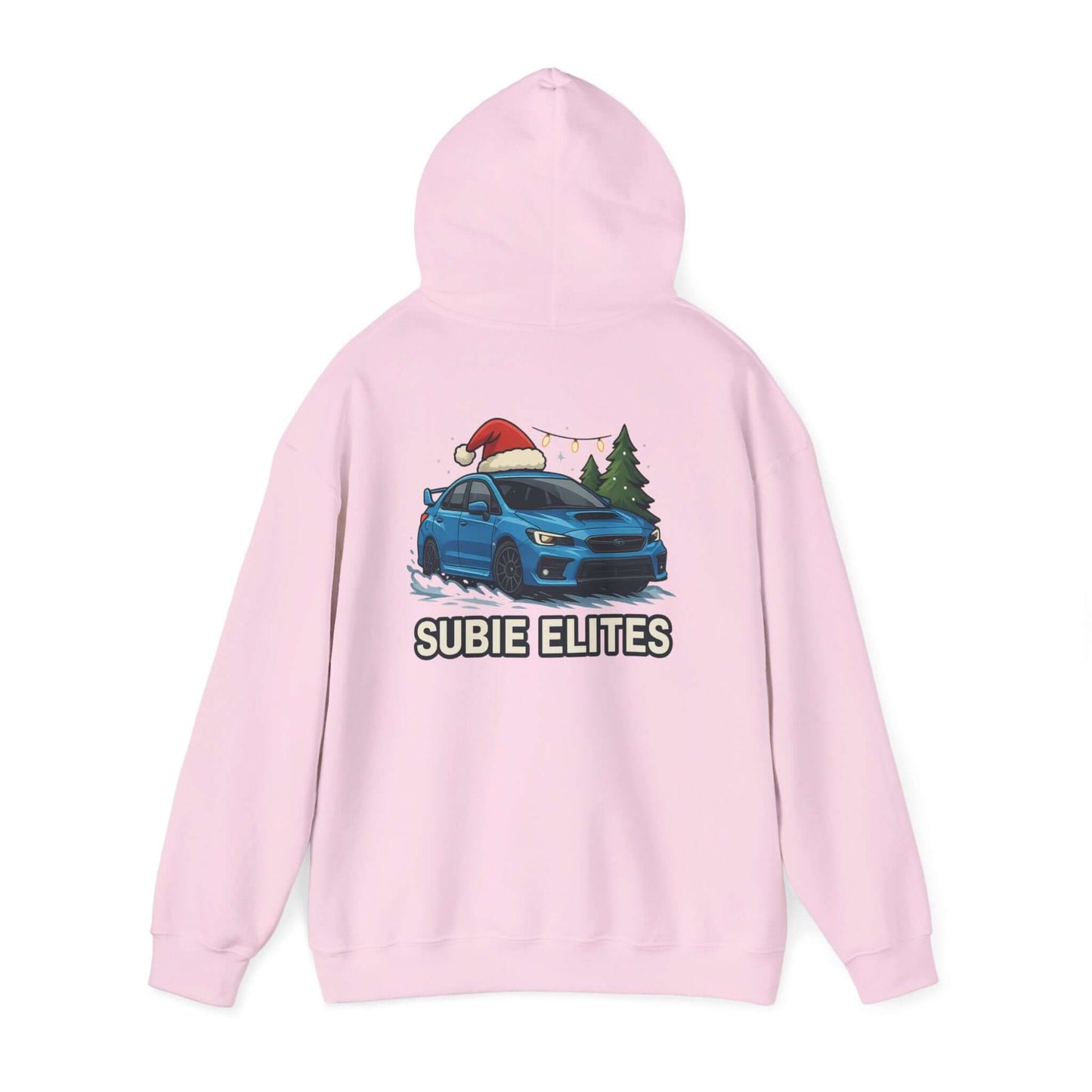 Subie Elites Holiday Hoodie – Blue Subaru with Santa Hat & Pine Trees