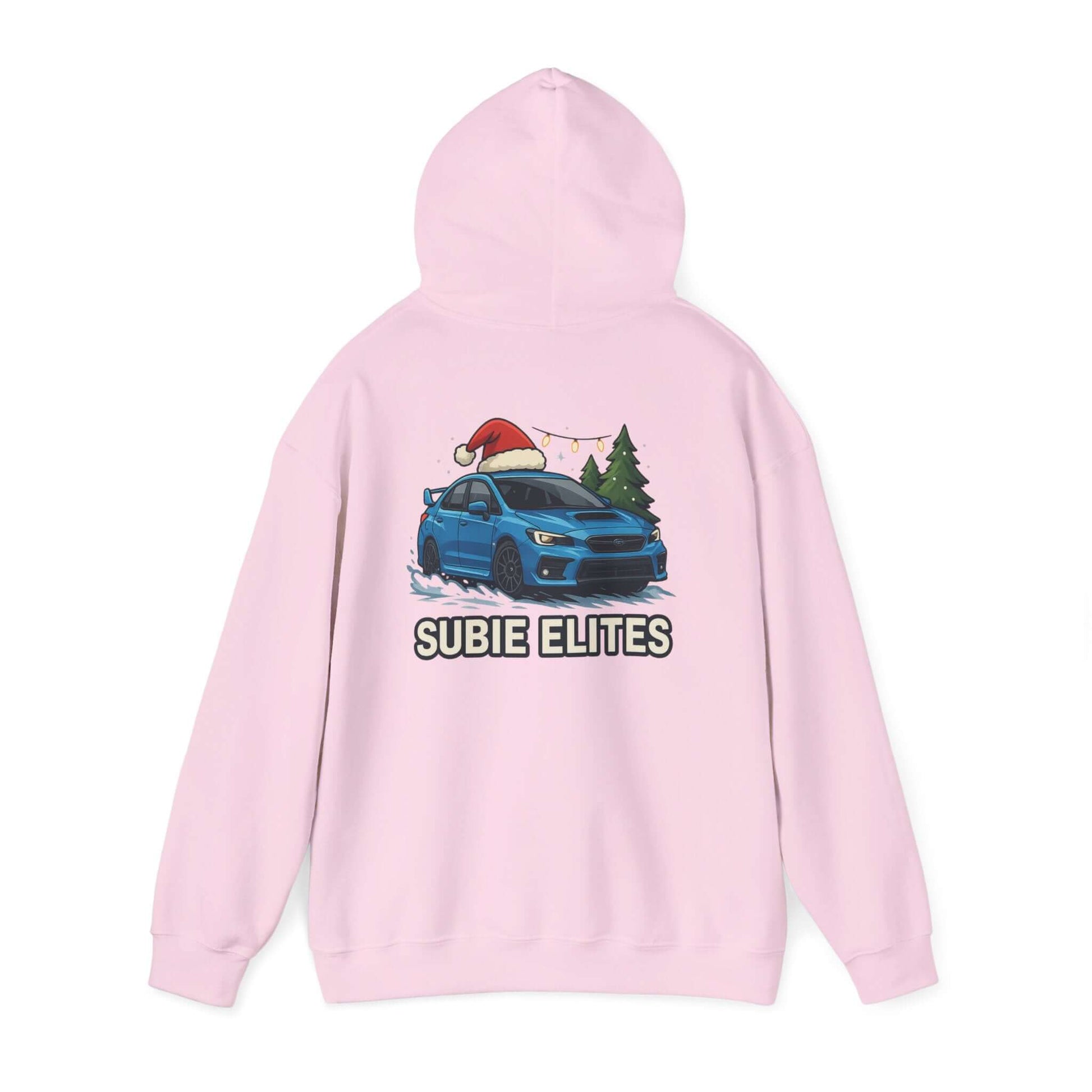 Subie Elites Holiday Hoodie – Blue Subaru with Santa Hat & Pine Trees