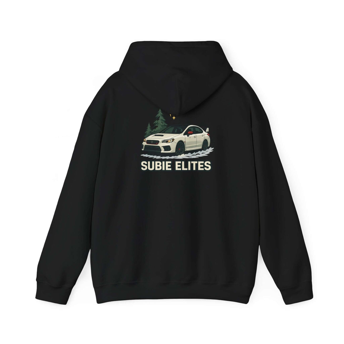 WRX STI hoodie for car enthusiasts featuring a Subaru-inspired rally car design and 'SUBIE ELITES' text.