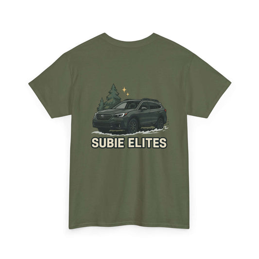 Subaru Outback Holiday T-Shirt with graphic of SUV and 'SUBIE ELITES' text, perfect for outdoor enthusiasts.