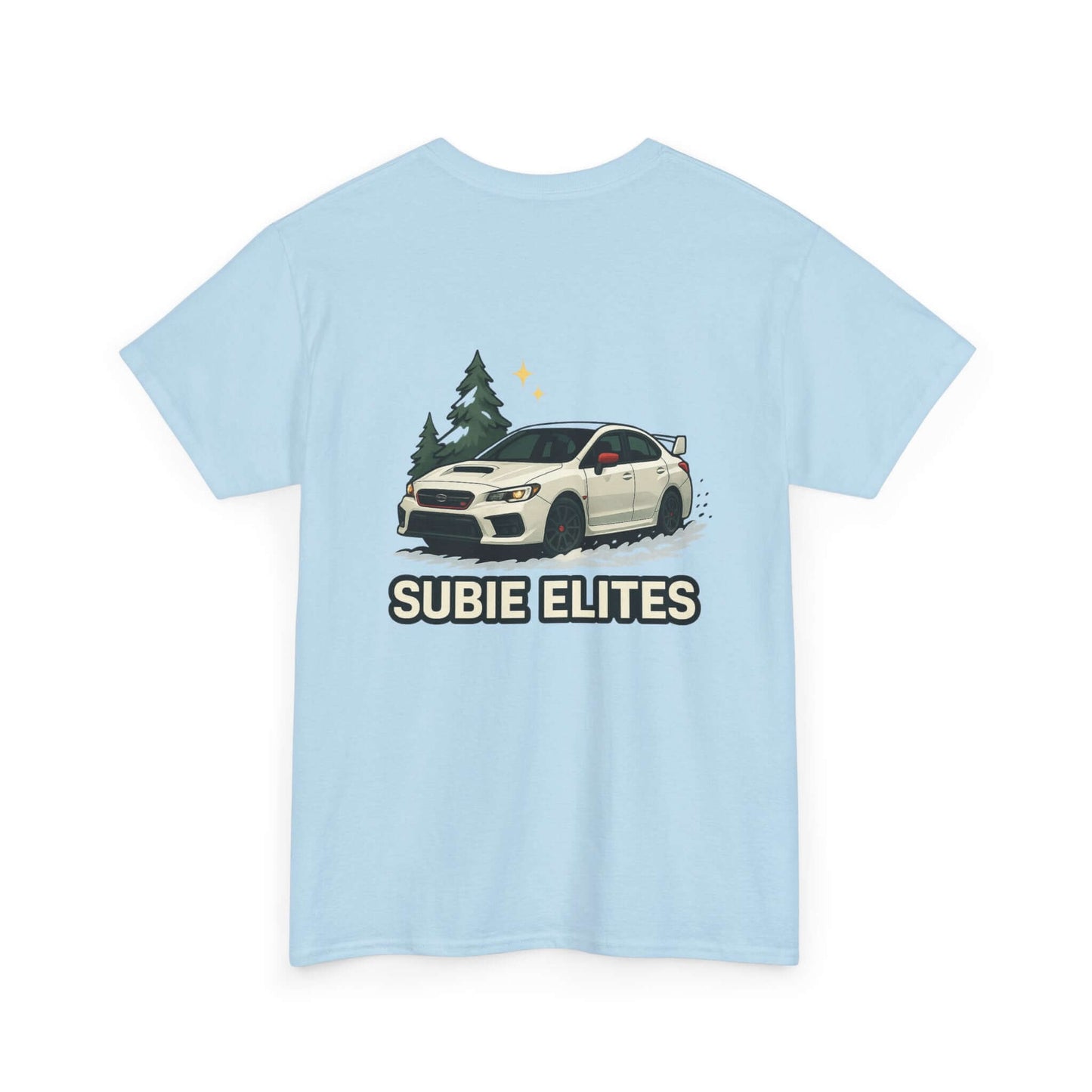 Subie Elites T-Shirt —WRX/STI Car Club Graphic Tee featuring a Subaru design and pine silhouettes on the back.