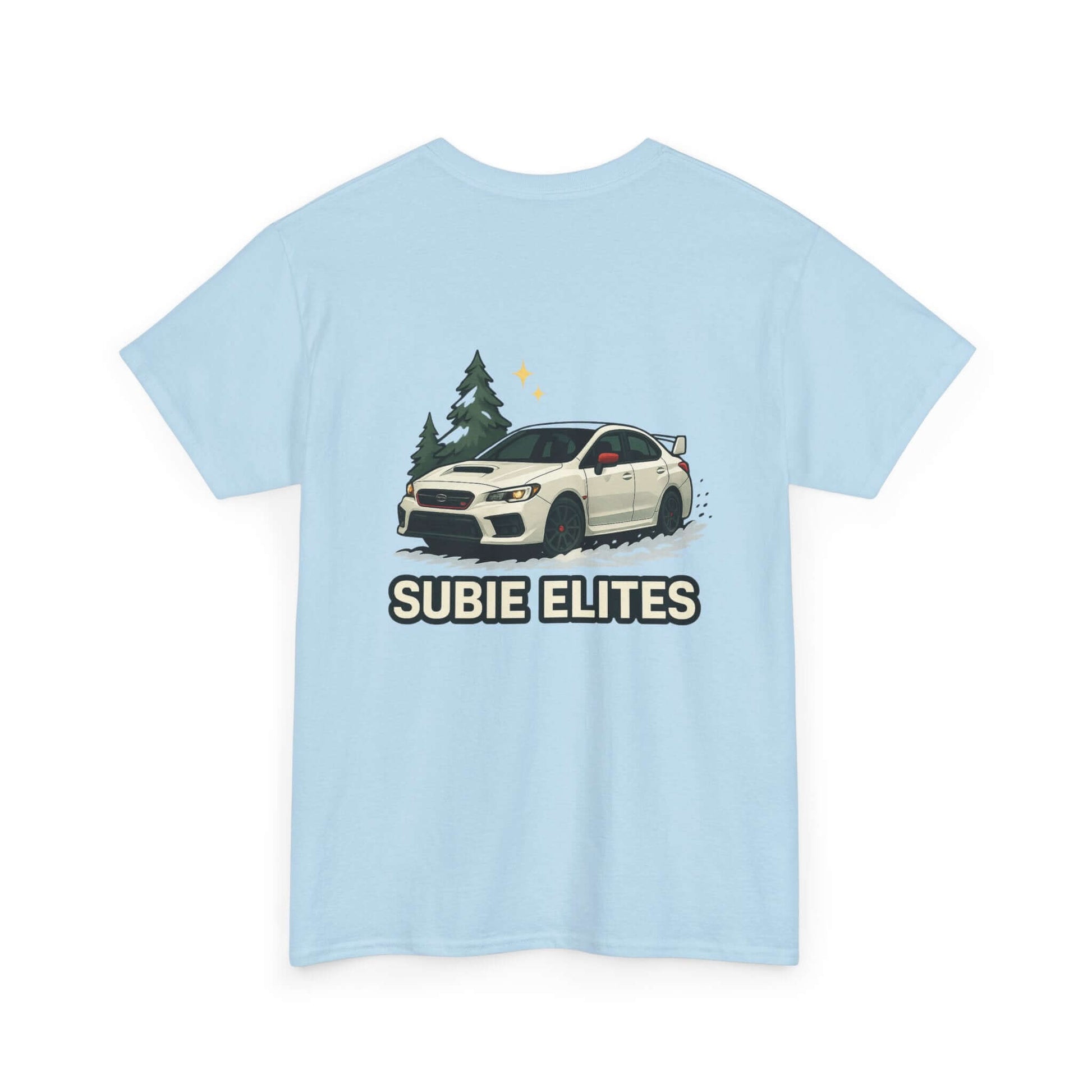 Subie Elites T-Shirt —WRX/STI Car Club Graphic Tee featuring a Subaru design and pine silhouettes on the back.