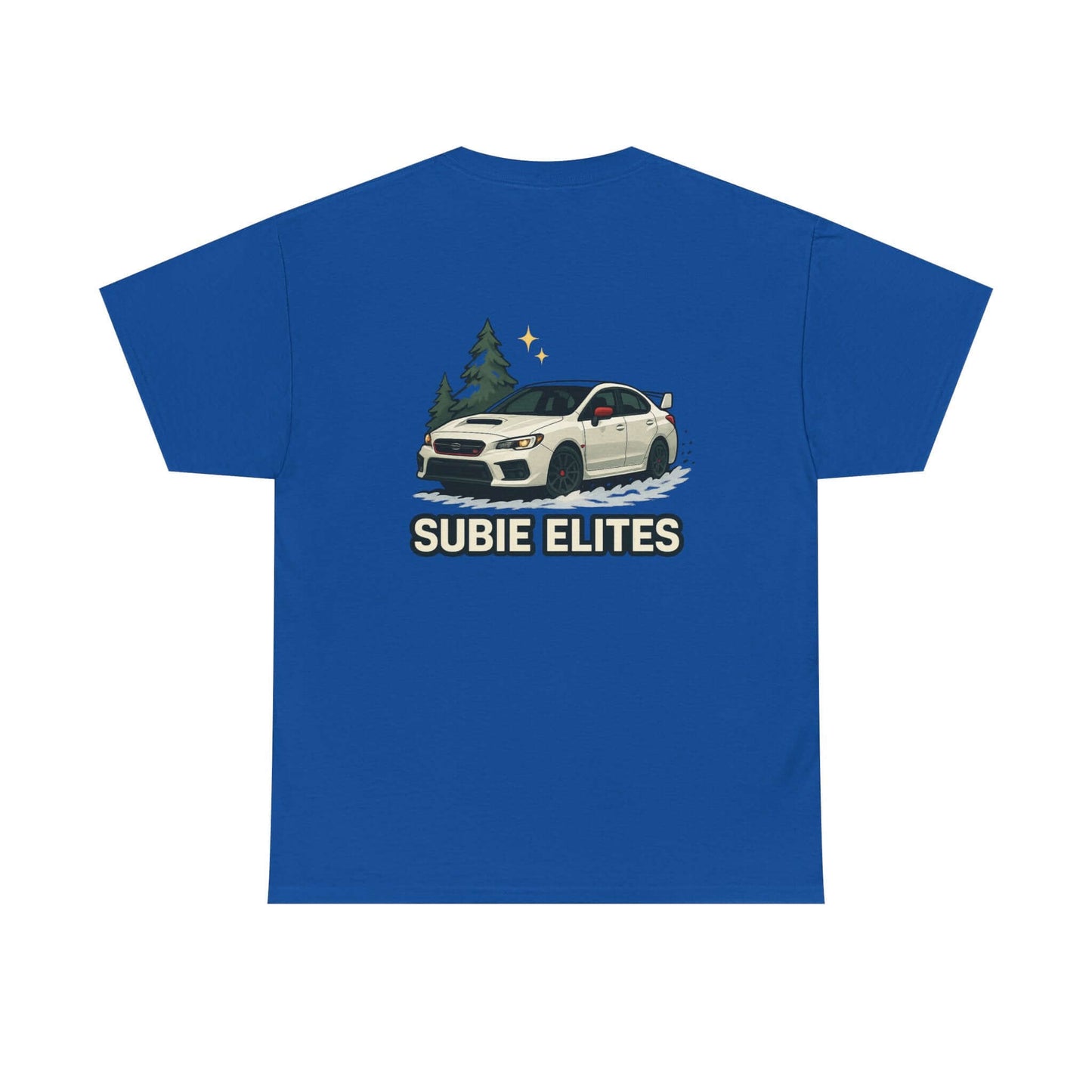 Subie Elites T-Shirt —WRX/STI Car Club Graphic Tee featuring a white Subaru and pine silhouette design on a blue background.