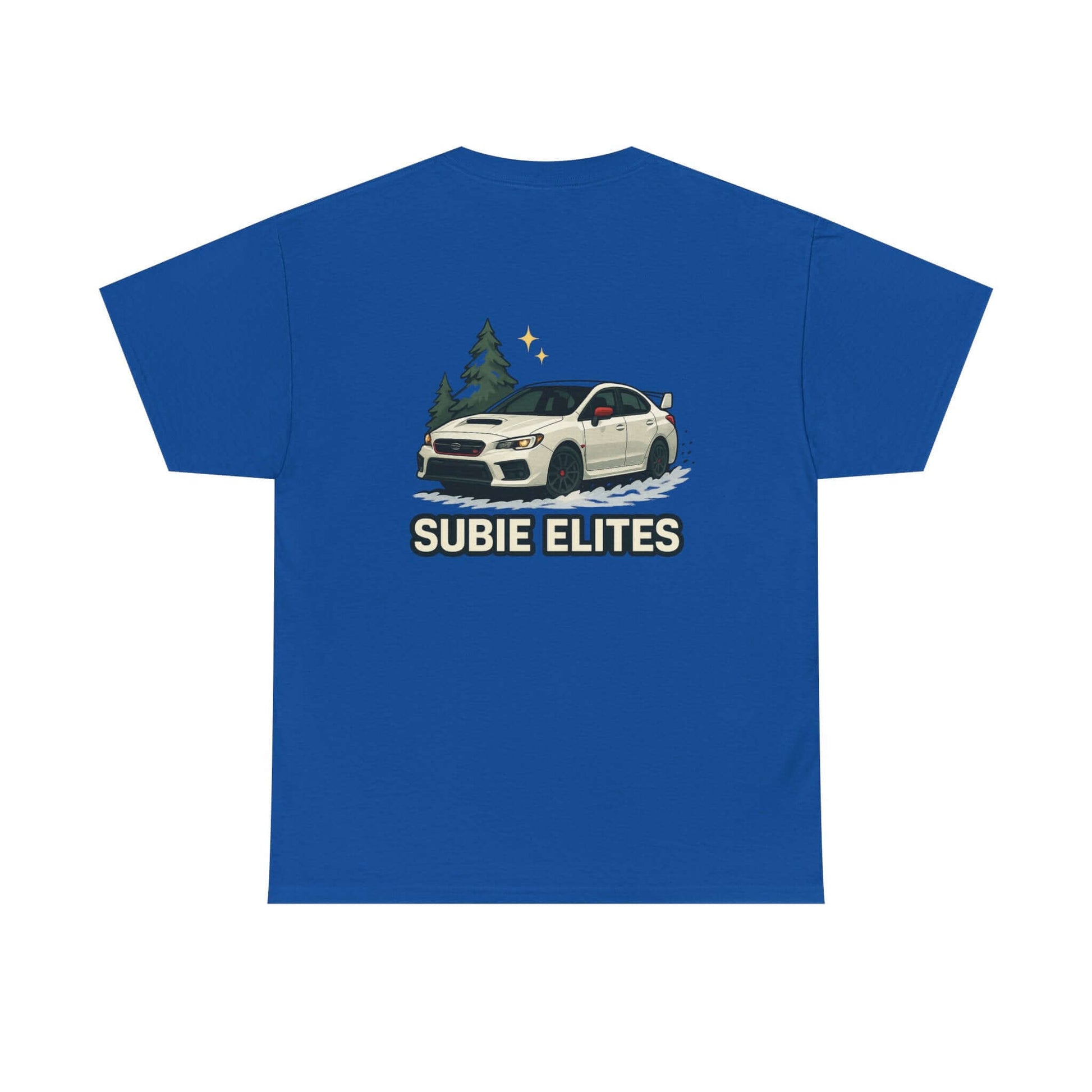 Subie Elites T-Shirt —WRX/STI Car Club Graphic Tee featuring a white Subaru and pine silhouette design on a blue background.