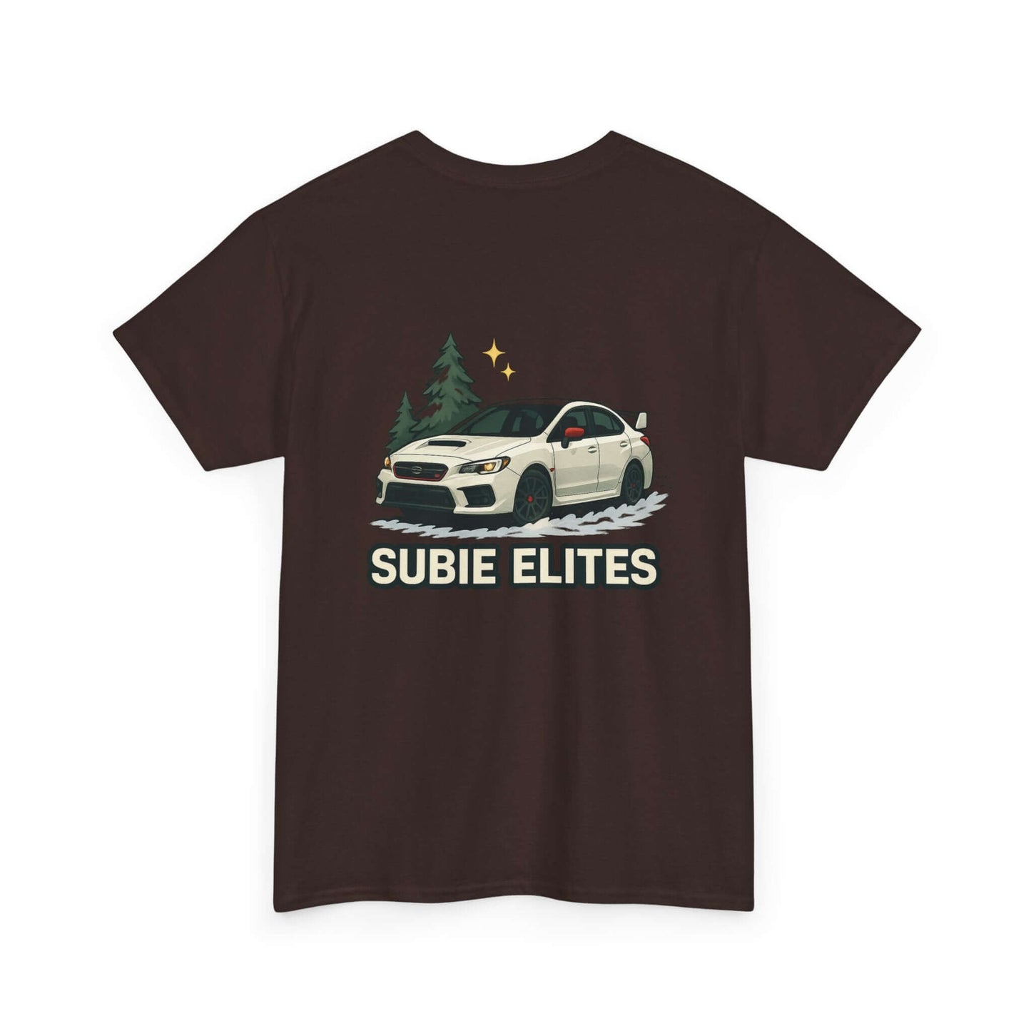 Subie Elites T-Shirt —WRX/STI Car Club Graphic Tee featuring a Subaru parked under trees.