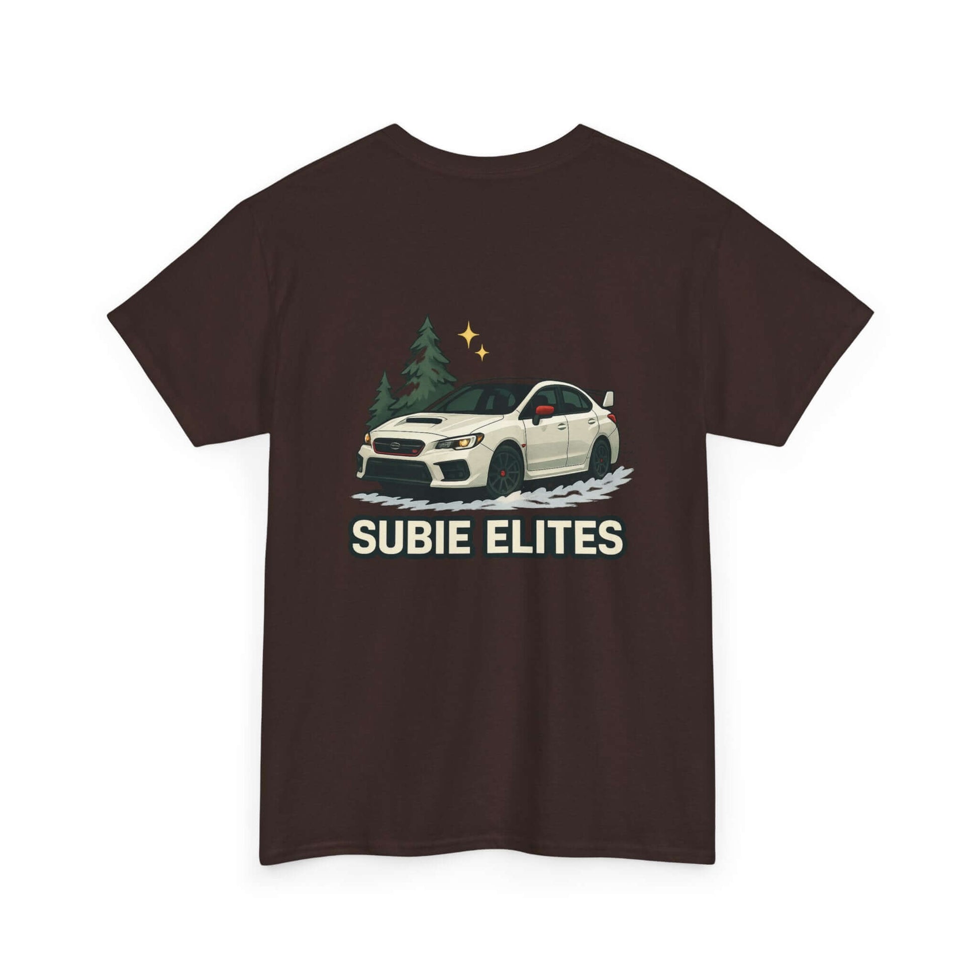 Subie Elites T-Shirt —WRX/STI Car Club Graphic Tee featuring a Subaru parked under trees.