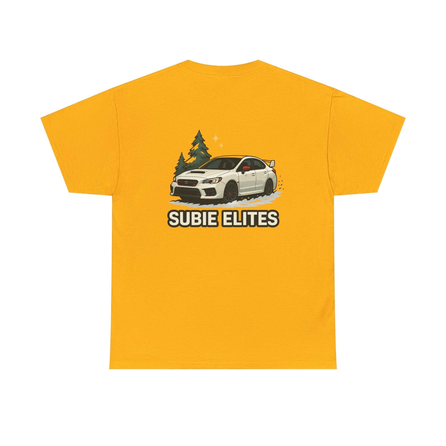 Subie Elites T-Shirt —WRX/STI  Car Club Graphic Tee with yellow background and Subaru illustration.