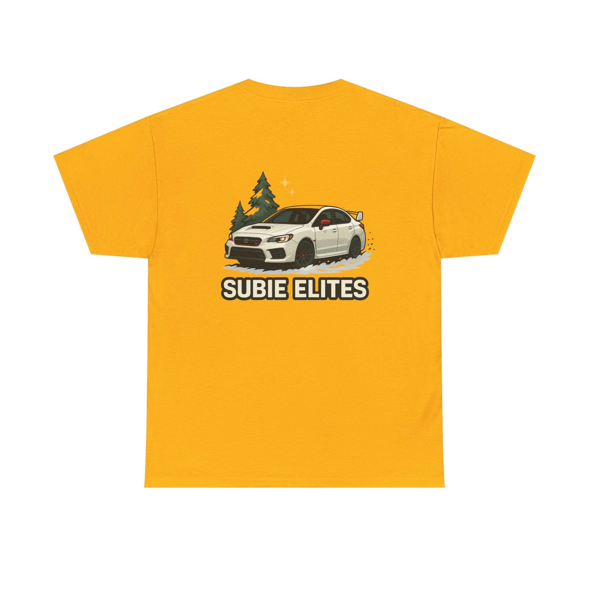 Subie Elites T-Shirt —WRX/STI  Car Club Graphic Tee with yellow background and Subaru illustration.