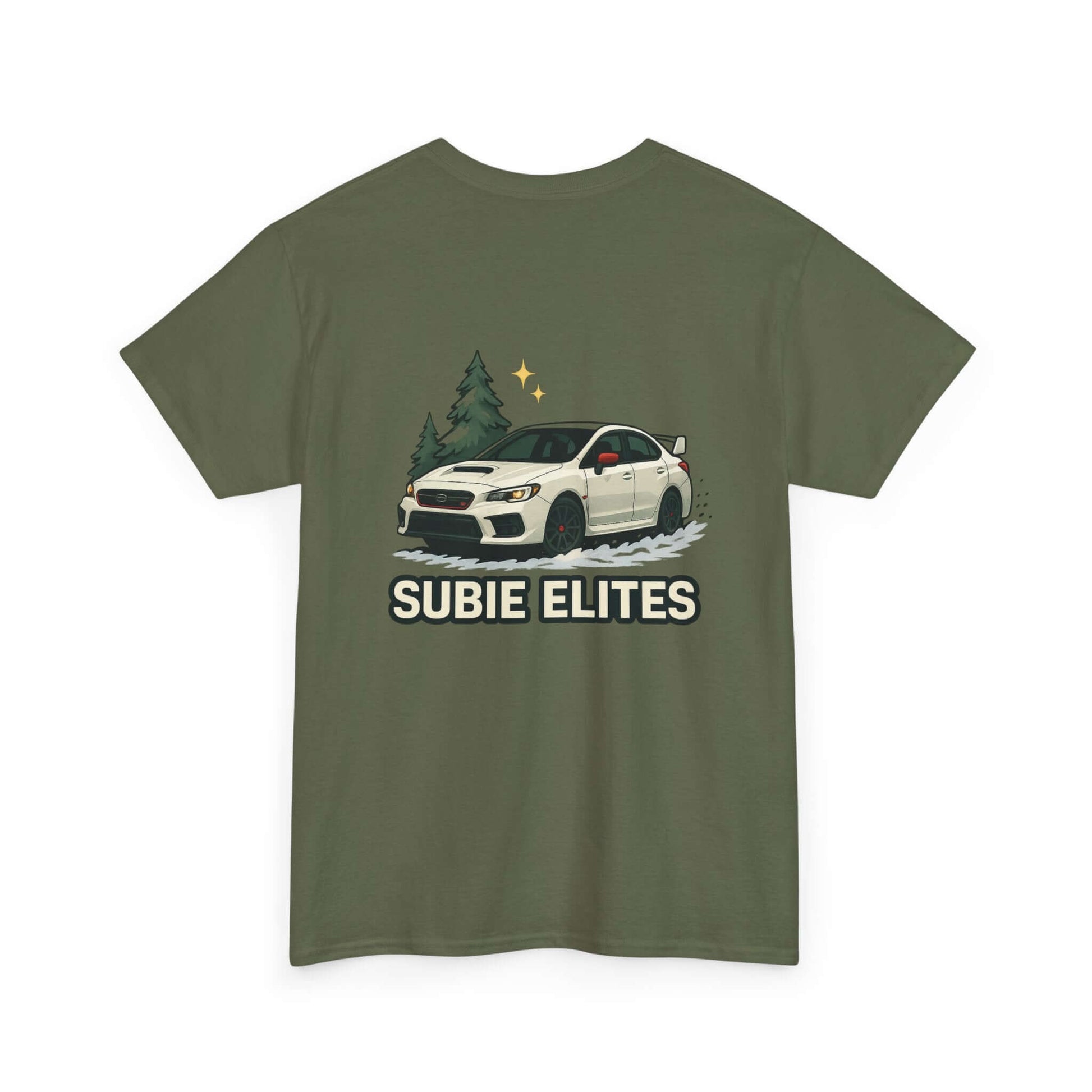 Subie Elites T-Shirt —WRX/STI  Car Club Graphic Tee featuring a Subaru illustration and pine trees on an olive green background.