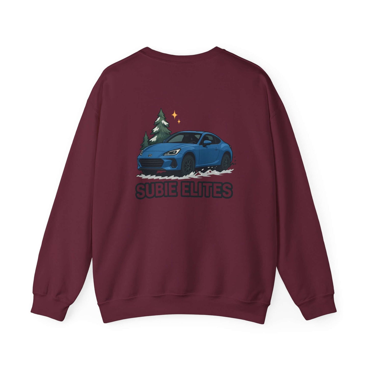 BRZ HOLIDAY SWEATER featuring a BRZ design and 'SUBIE ELITES' text on a  crewneck sweatshirt.