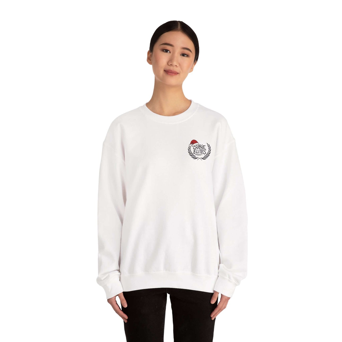 BRZ HOLIDAY SWEATER featuring a BRZ design and 'SUBIE ELITES' text on a  crewneck sweatshirt.