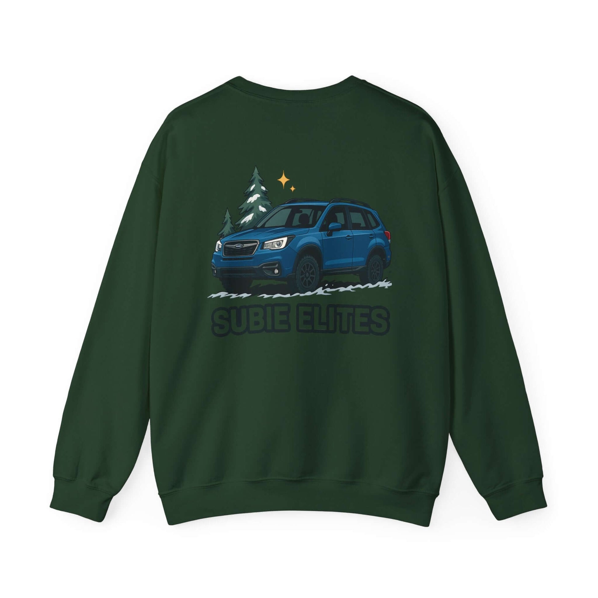 Subie Elites Crewneck Sweatshirt — Subaru Forester Illustration, Winter Camping Vibe