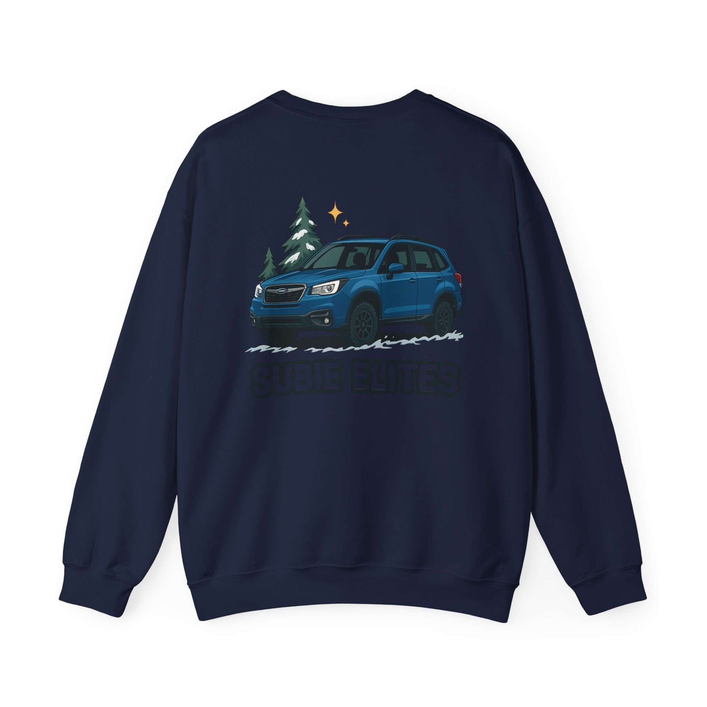 Subie Elites Crewneck Sweatshirt — Subaru Forester Illustration, Winter Camping Vibe
