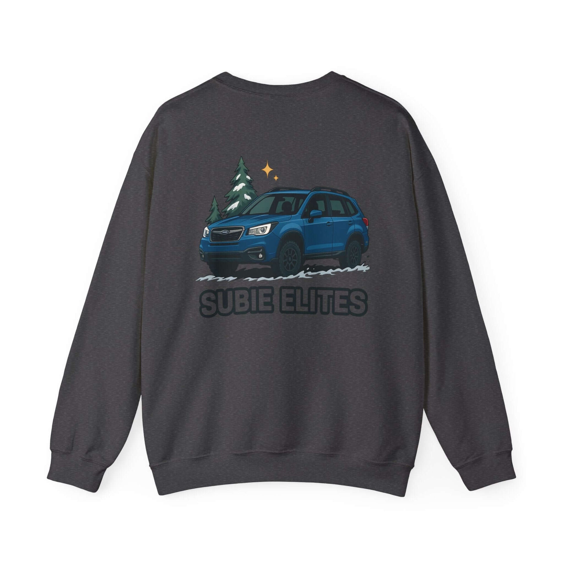 Subie Elites Crewneck Sweatshirt — Subaru Forester Illustration, Winter Camping Vibe
