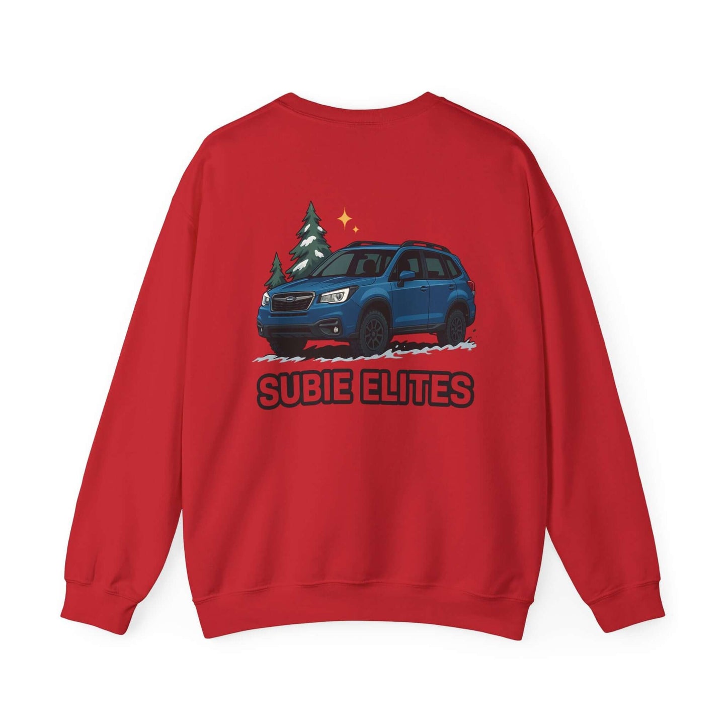 Subie Elites Crewneck Sweatshirt — Subaru Forester Illustration, Winter Camping Vibe
