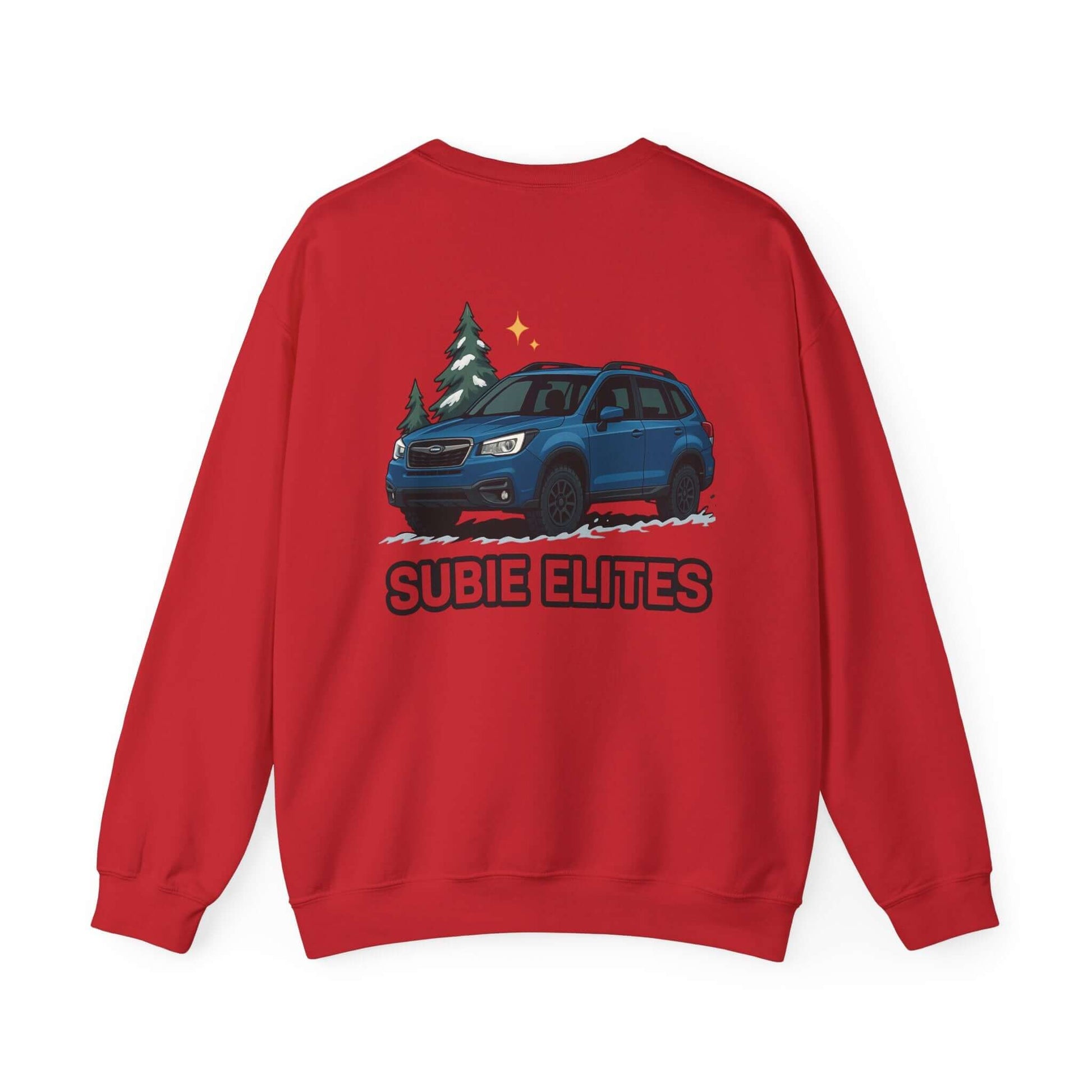 Subie Elites Crewneck Sweatshirt — Subaru Forester Illustration, Winter Camping Vibe