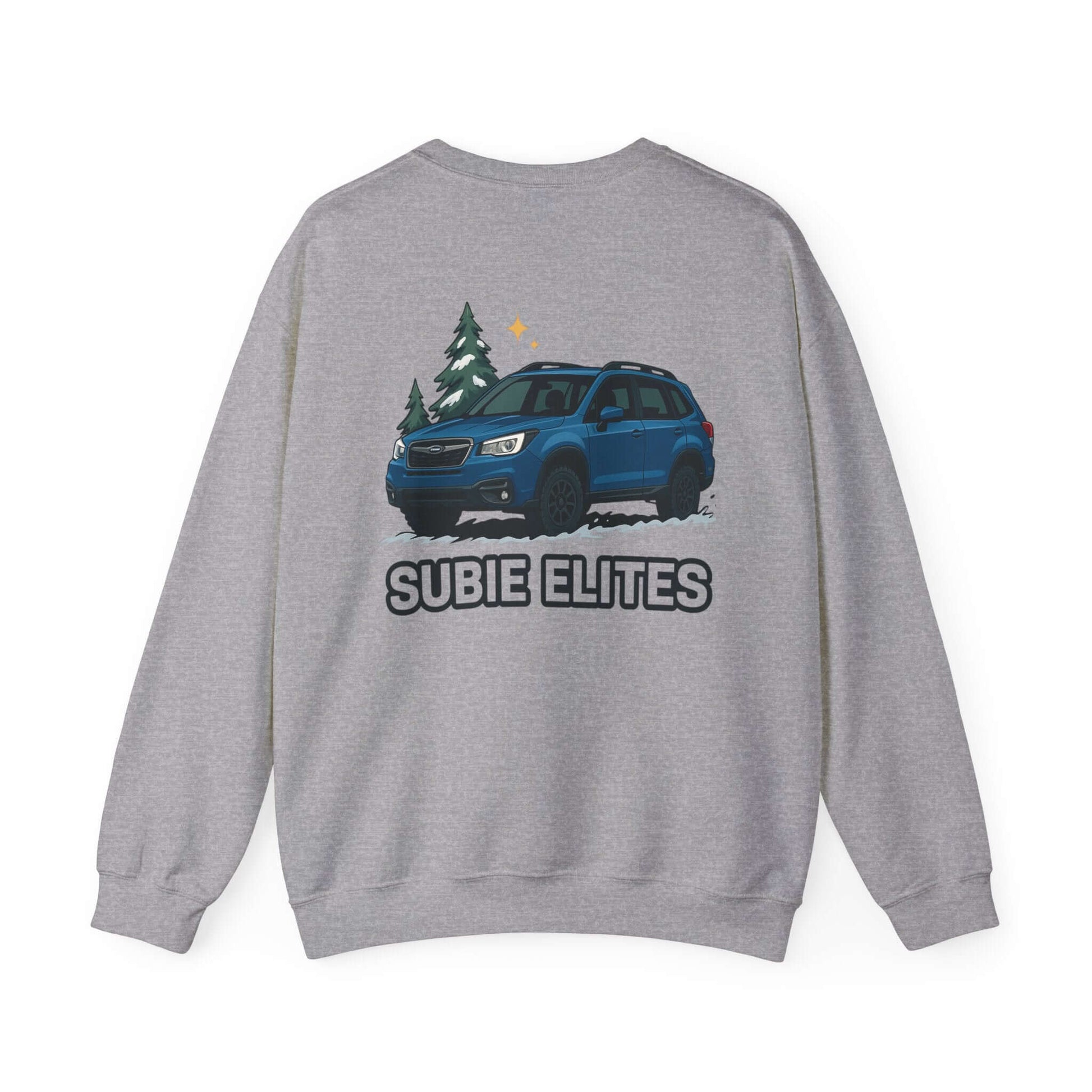 Subie Elites Crewneck Sweatshirt — Subaru Forester Illustration, Winter Camping Vibe