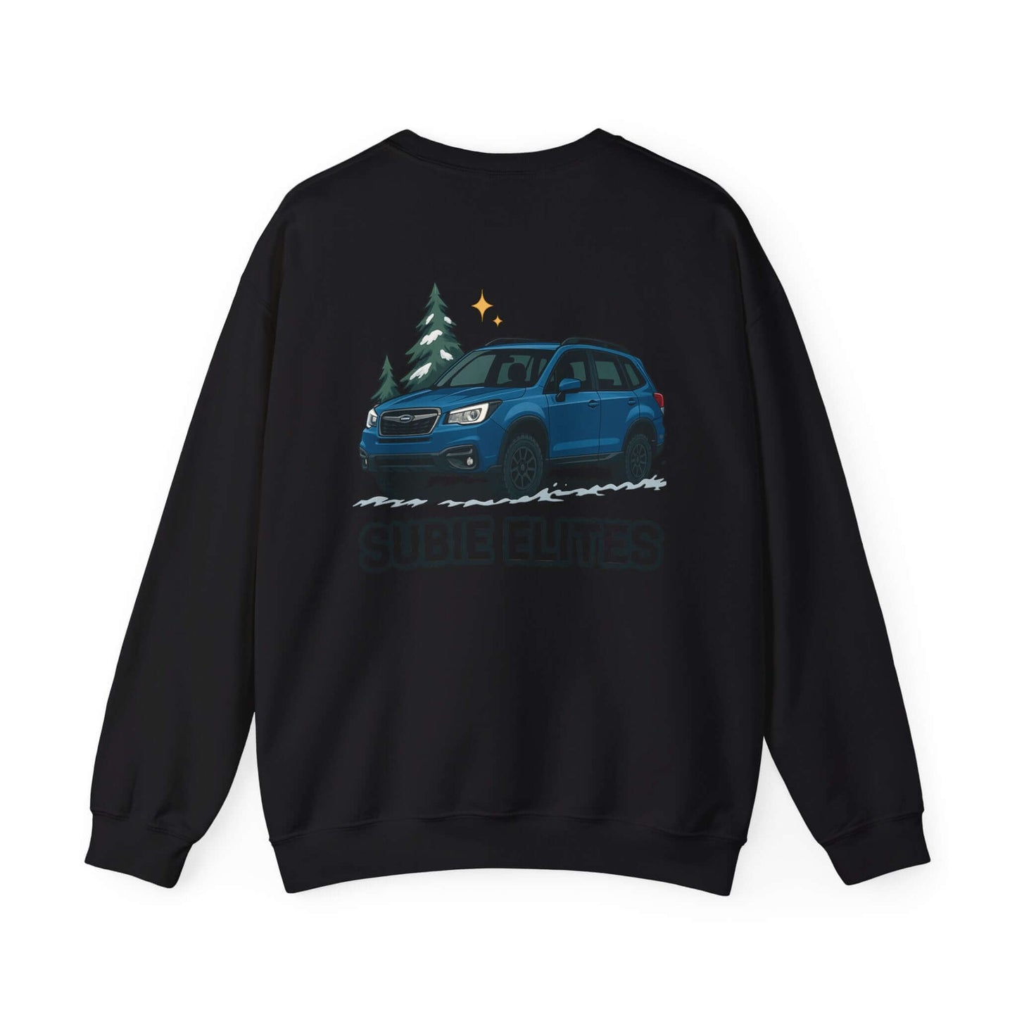 Subie Elites Crewneck Sweatshirt — Subaru Forester Illustration, Winter Camping Vibe