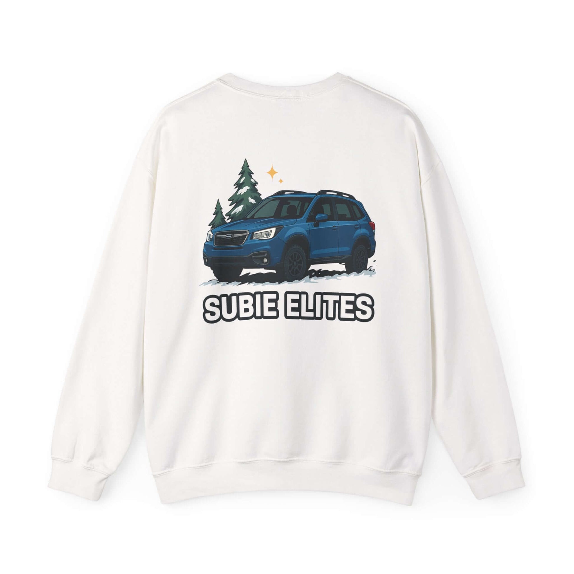 Subie Elites Crewneck Sweatshirt — Subaru Forester Illustration, Winter Camping Vibe