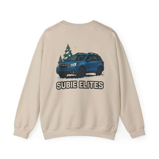 Subie Elites Crewneck Sweatshirt — Subaru Forester Illustration, Winter Camping Vibe