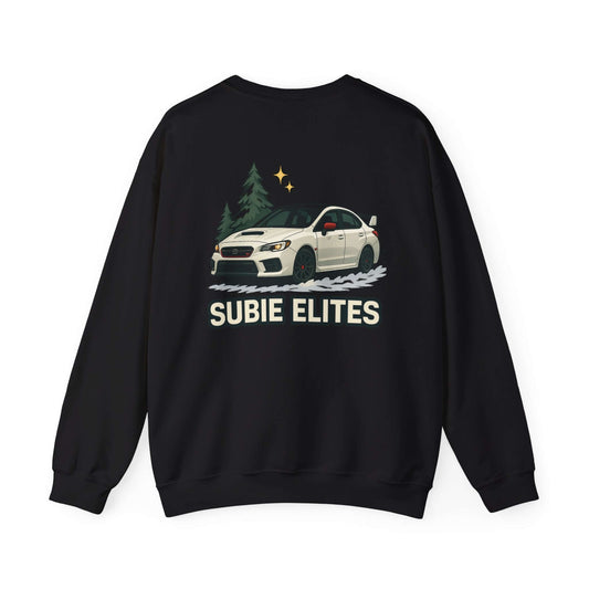 WRX STI CAR GRAPHIC PULLOVER with playful car design and SUBIE ELITES text on black background.