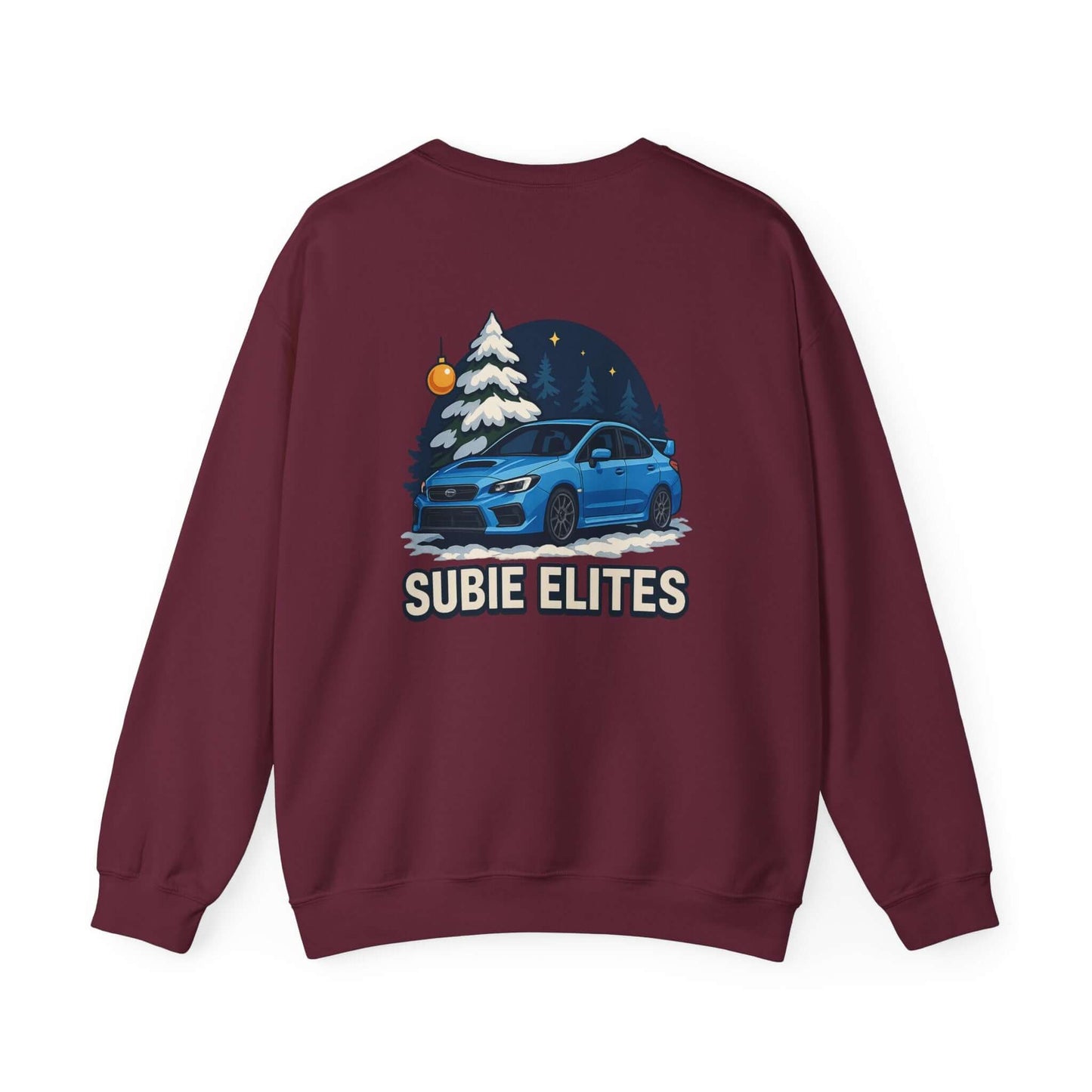 Subaru WRX STI Sweatshirt featuring blue Subaru graphic under snowy pine and night sky.