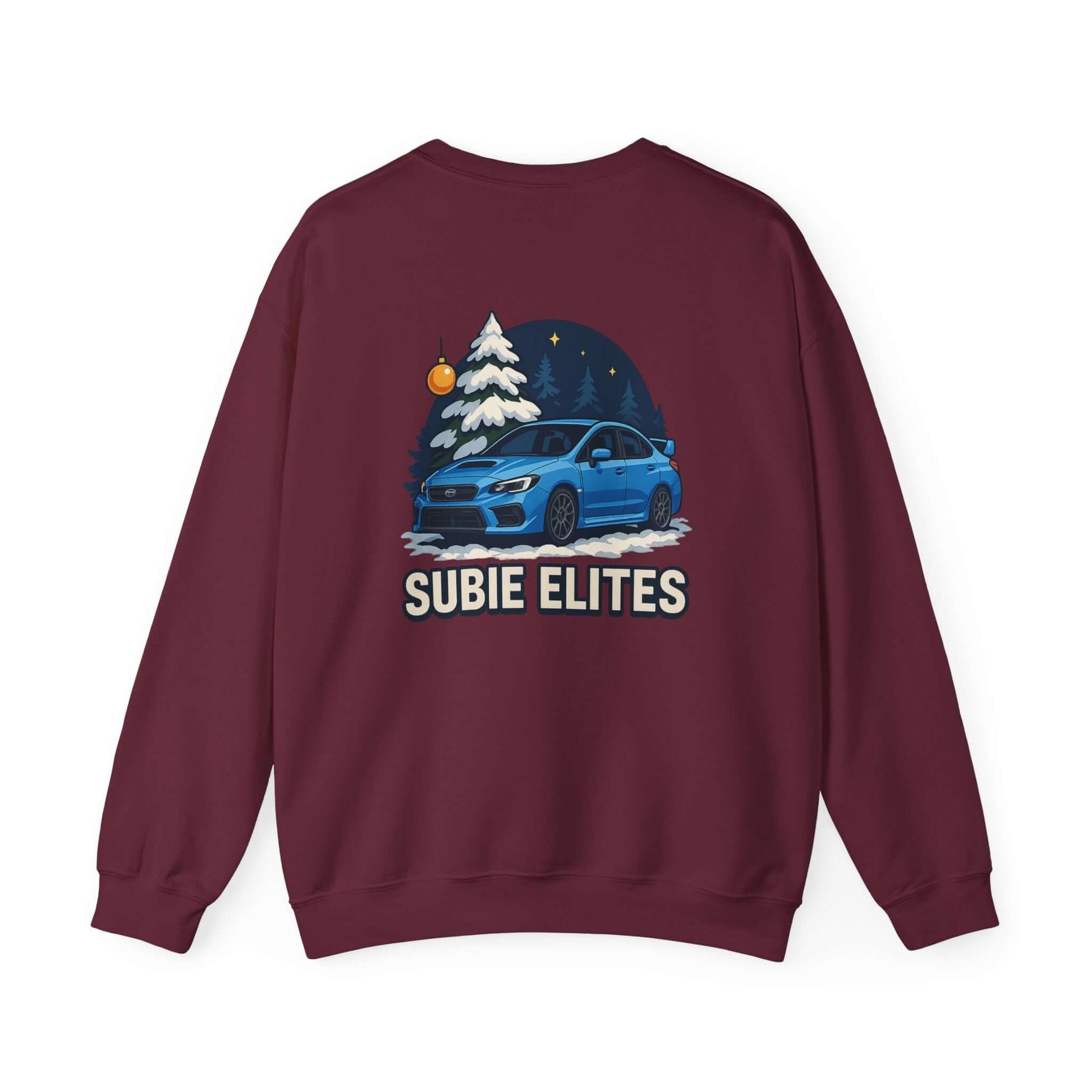 Subaru WRX STI Sweatshirt featuring blue Subaru graphic under snowy pine and night sky.