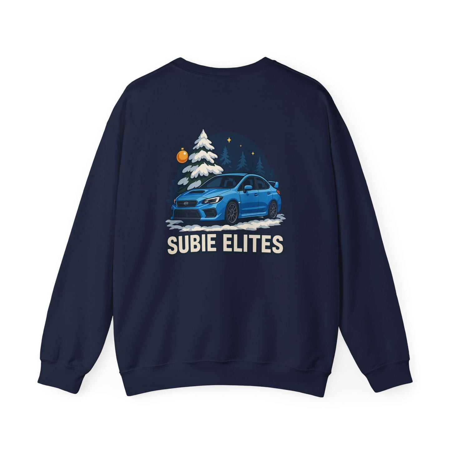 Subaru WRX STI Sweatshirt featuring blue Subaru graphic under snowy pine and night sky.
