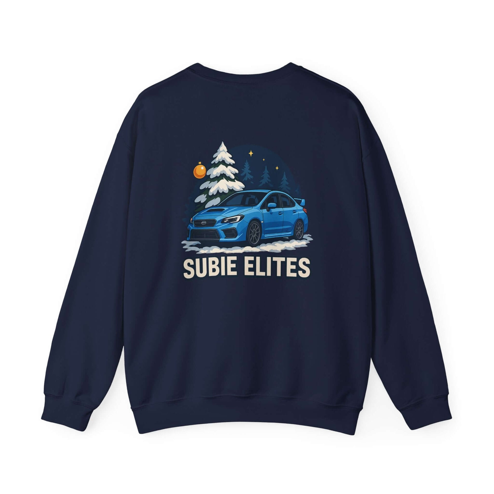 Subaru WRX STI Sweatshirt featuring blue Subaru graphic under snowy pine and night sky.