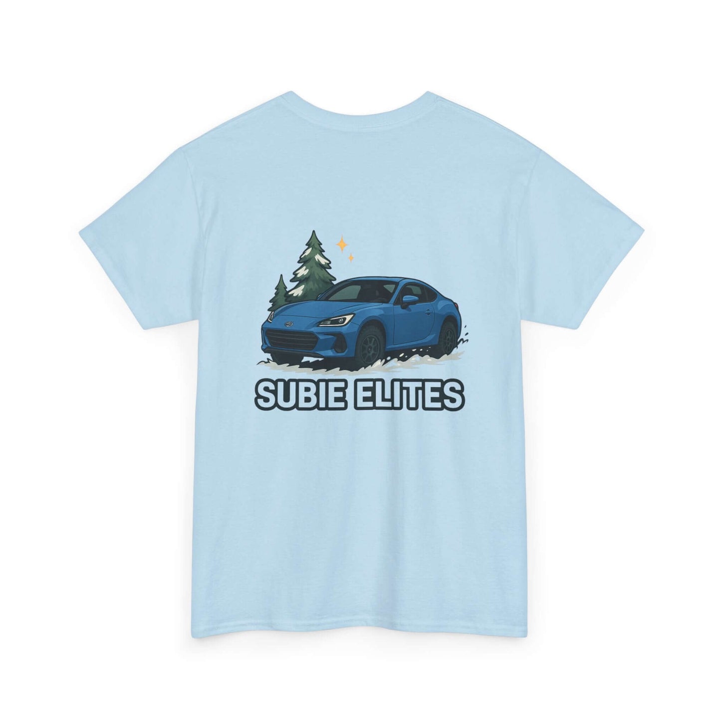 BRZ HOLIDAY T-SHIRT featuring a blue Subaru coupe under evergreen trees with 'SUBIE ELITES' text on the back.