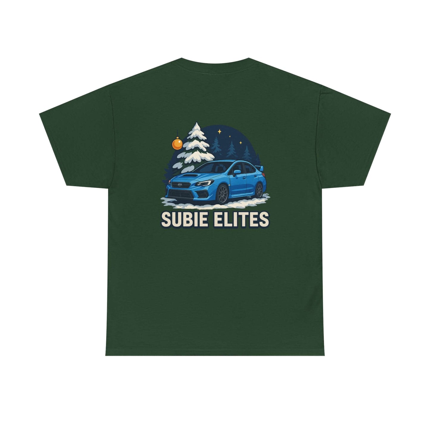 WRX HOLIDAY T-SHIRT featuring a blue Subaru design with holiday trees and the text SUBIE ELITES on a t-shirt.
