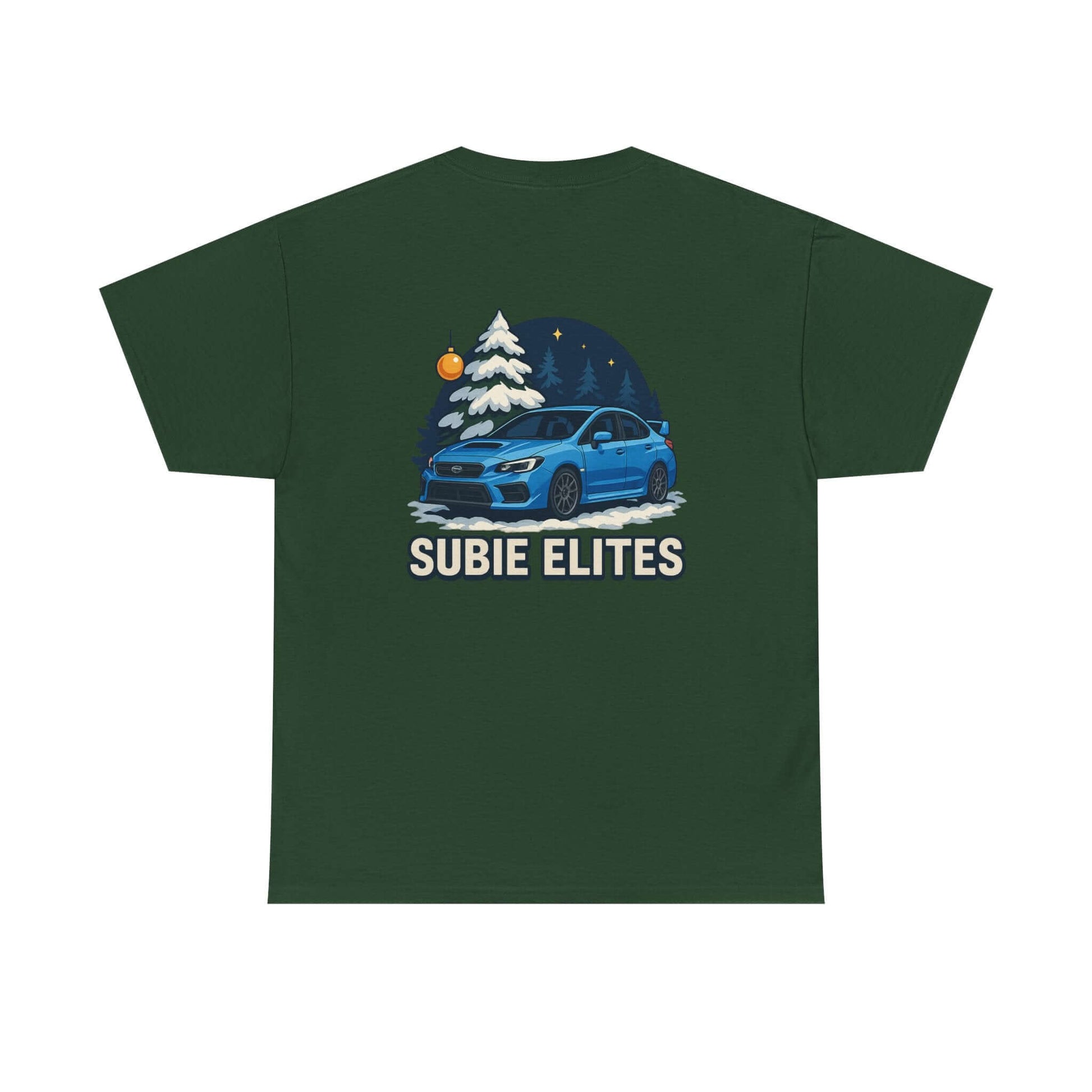 WRX HOLIDAY T-SHIRT featuring a blue Subaru design with holiday trees and the text SUBIE ELITES on a t-shirt.