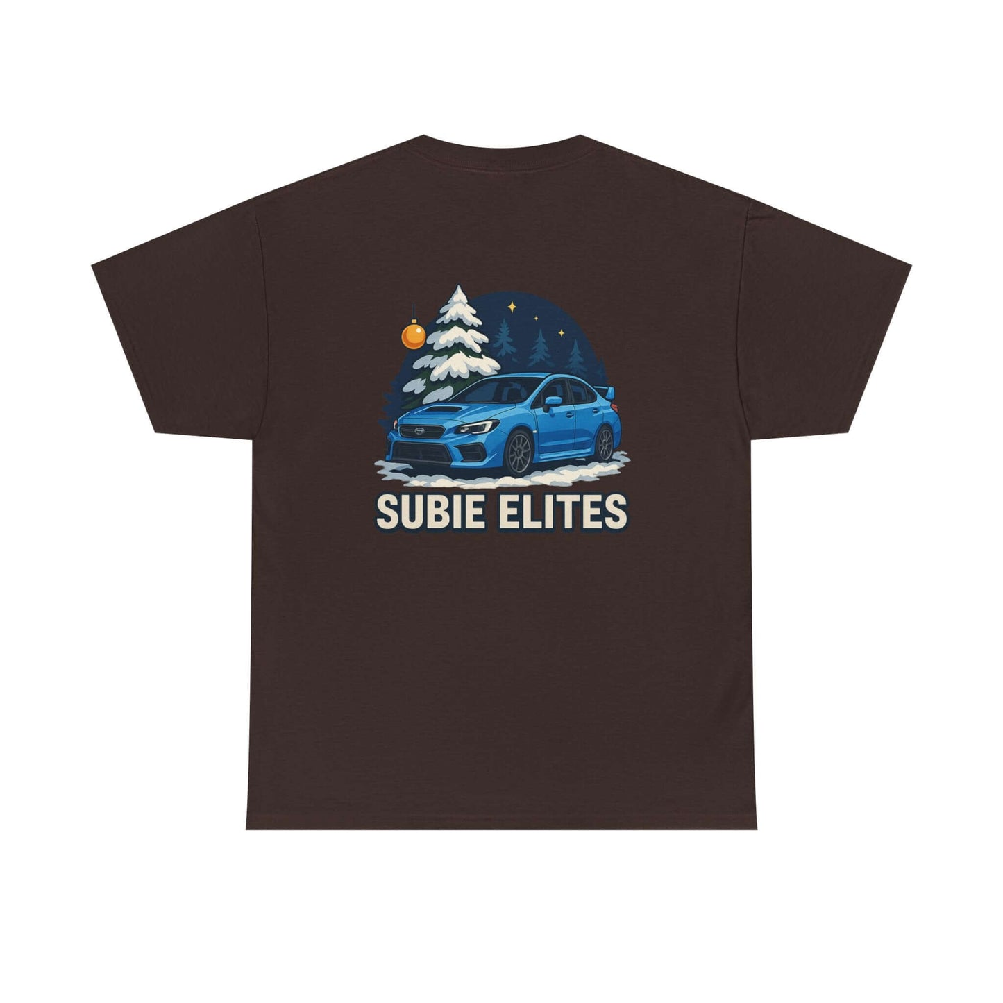 WRX HOLIDAY T-SHIRT featuring a blue Subaru design with holiday trees and the text SUBIE ELITES on a t-shirt.