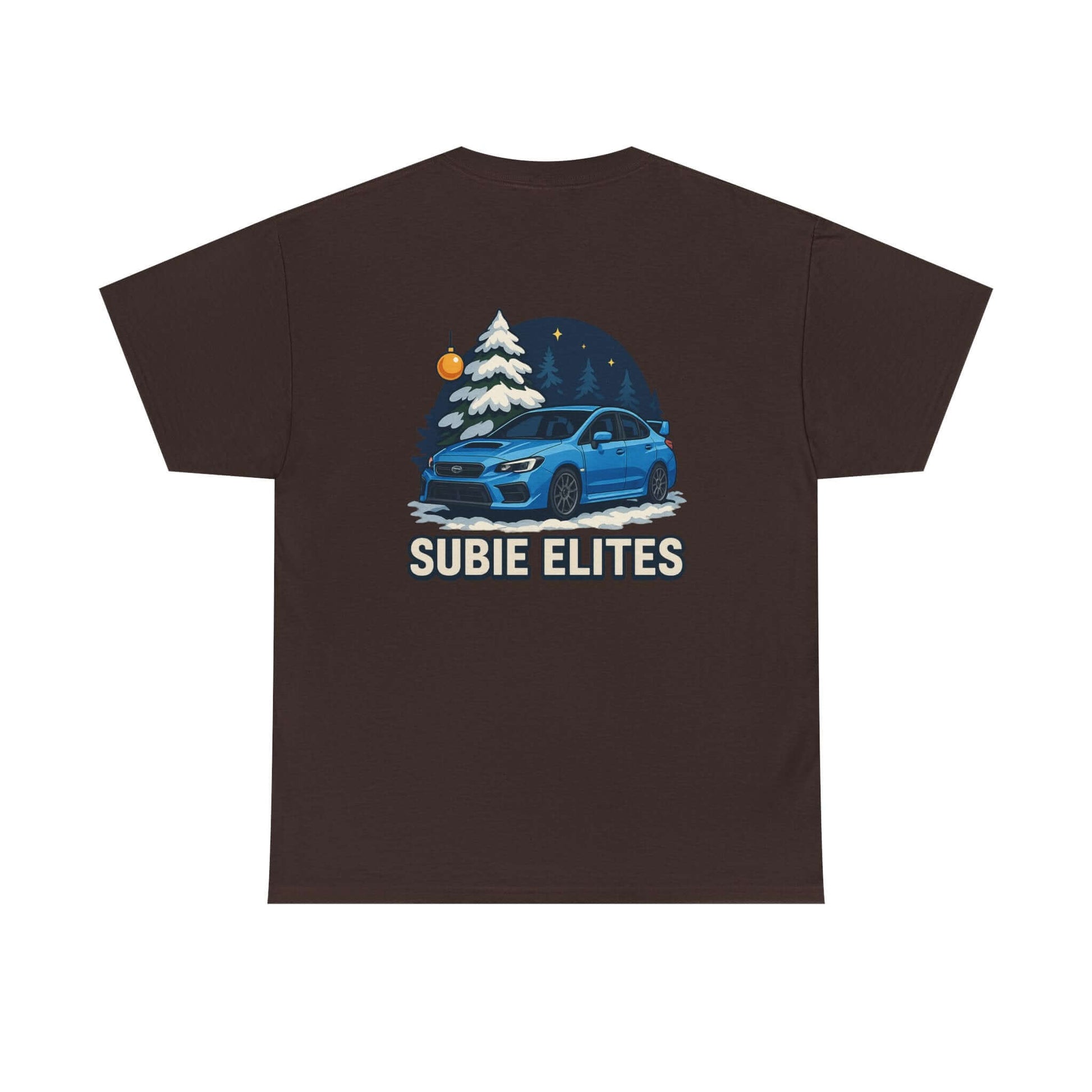 WRX HOLIDAY T-SHIRT featuring a blue Subaru design with holiday trees and the text SUBIE ELITES on a t-shirt.