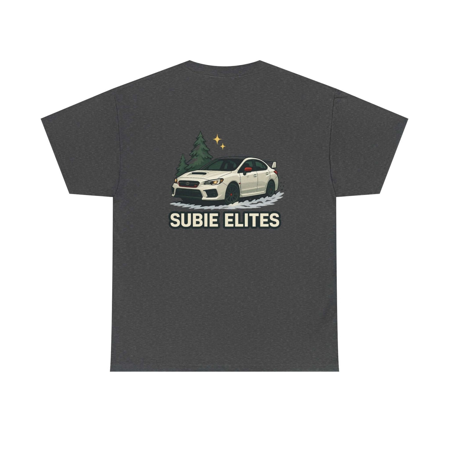 Subie Elites T-Shirt —WRX/STI  Car Club Graphic Tee featuring a white Subaru graphic under pine trees.