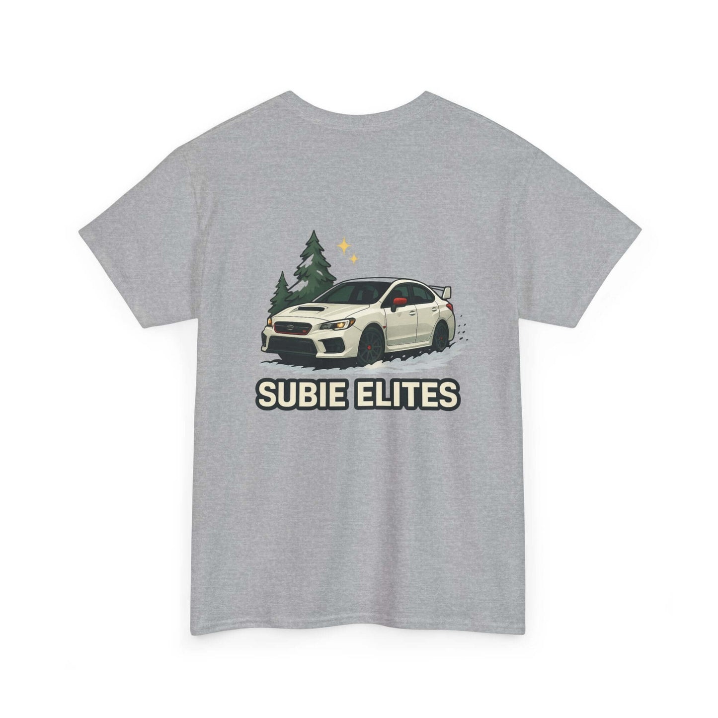 Subie Elites T-Shirt —WRX/STI Car Club Graphic Tee featuring a Subaru under pine trees.
