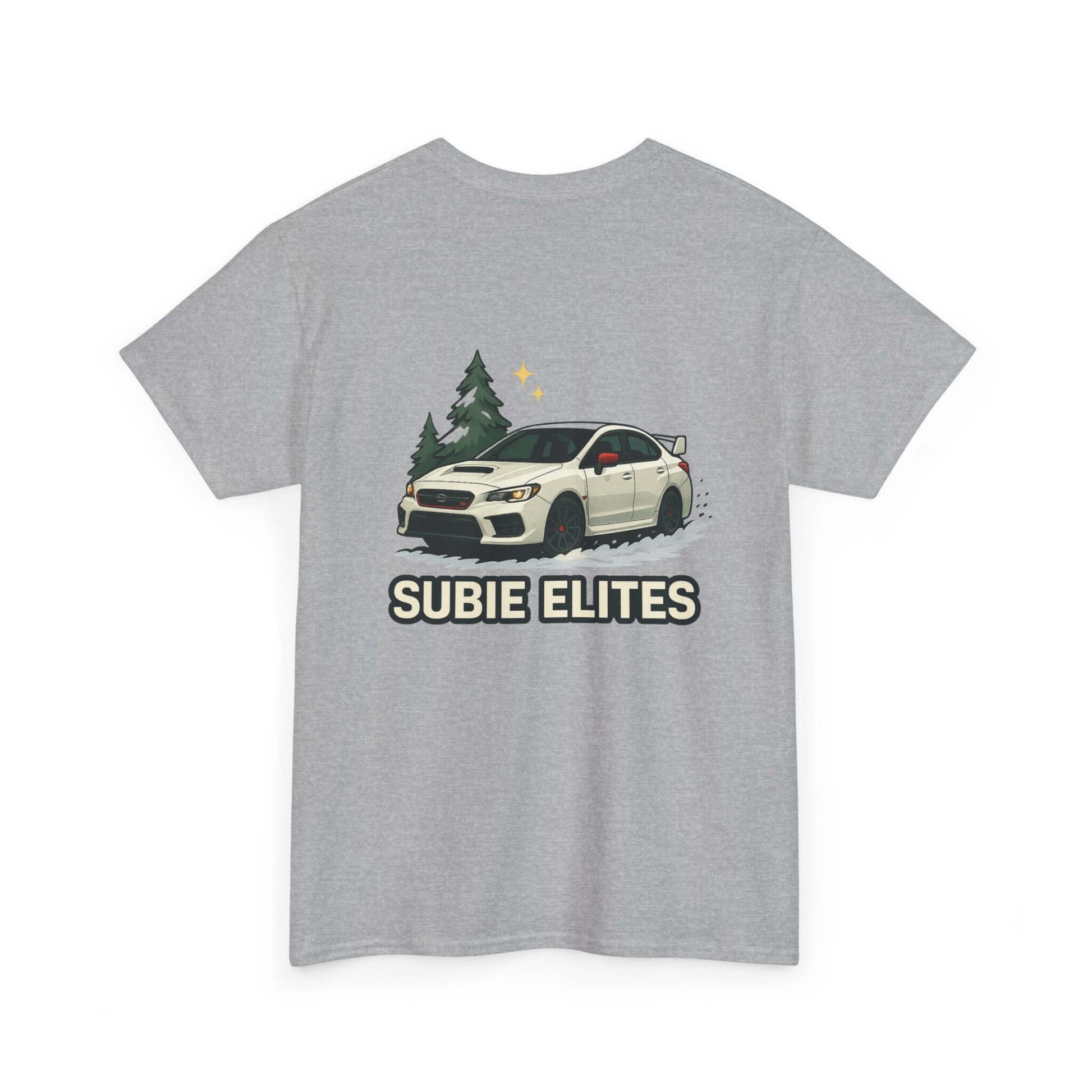 Subie Elites T-Shirt —WRX/STI Car Club Graphic Tee featuring a Subaru under pine trees.