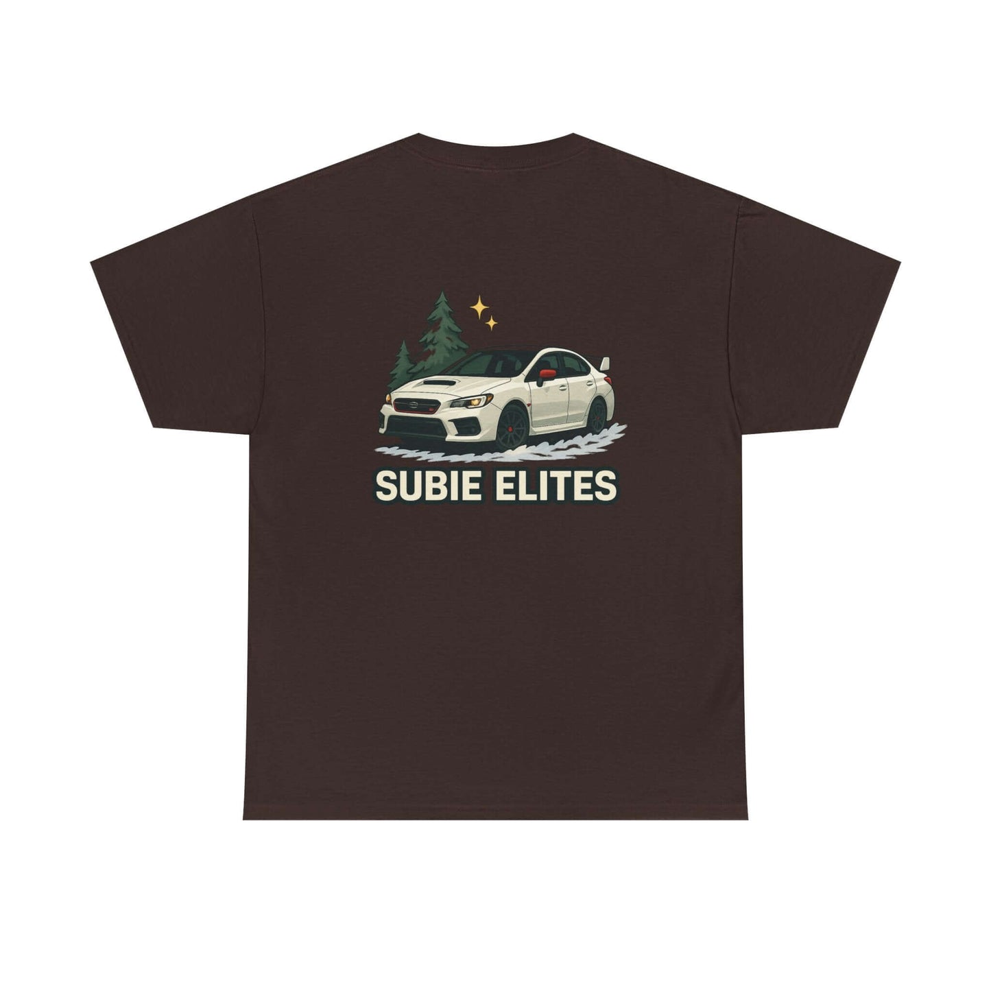 Subie Elites T-Shirt —WRX/STI Car Club Graphic Tee featuring a white Subaru and pine trees on a brown tee.