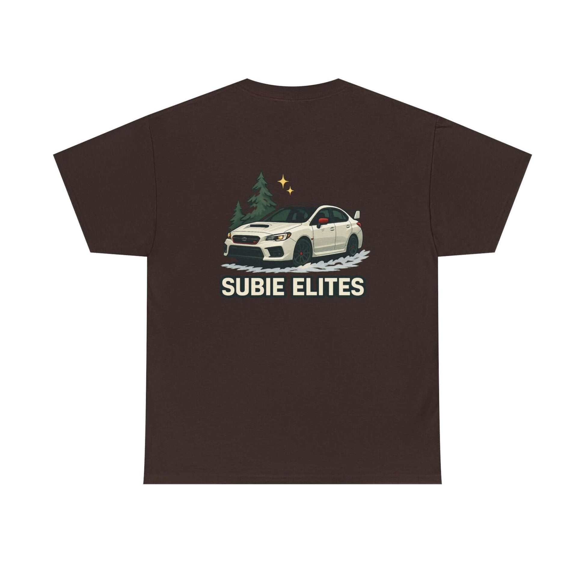 Subie Elites T-Shirt —WRX/STI Car Club Graphic Tee featuring a white Subaru and pine trees on a brown tee.