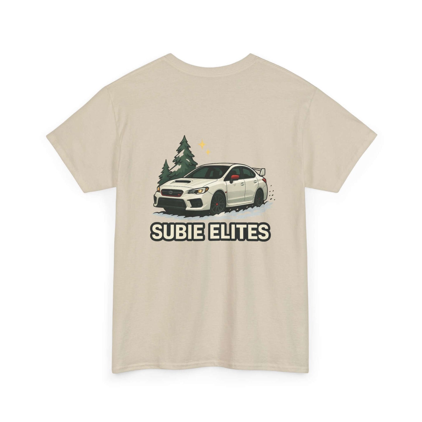 Subie Elites T-Shirt —WRX/STI Car Club Graphic Tee with Subaru illustration and trees on a light background.