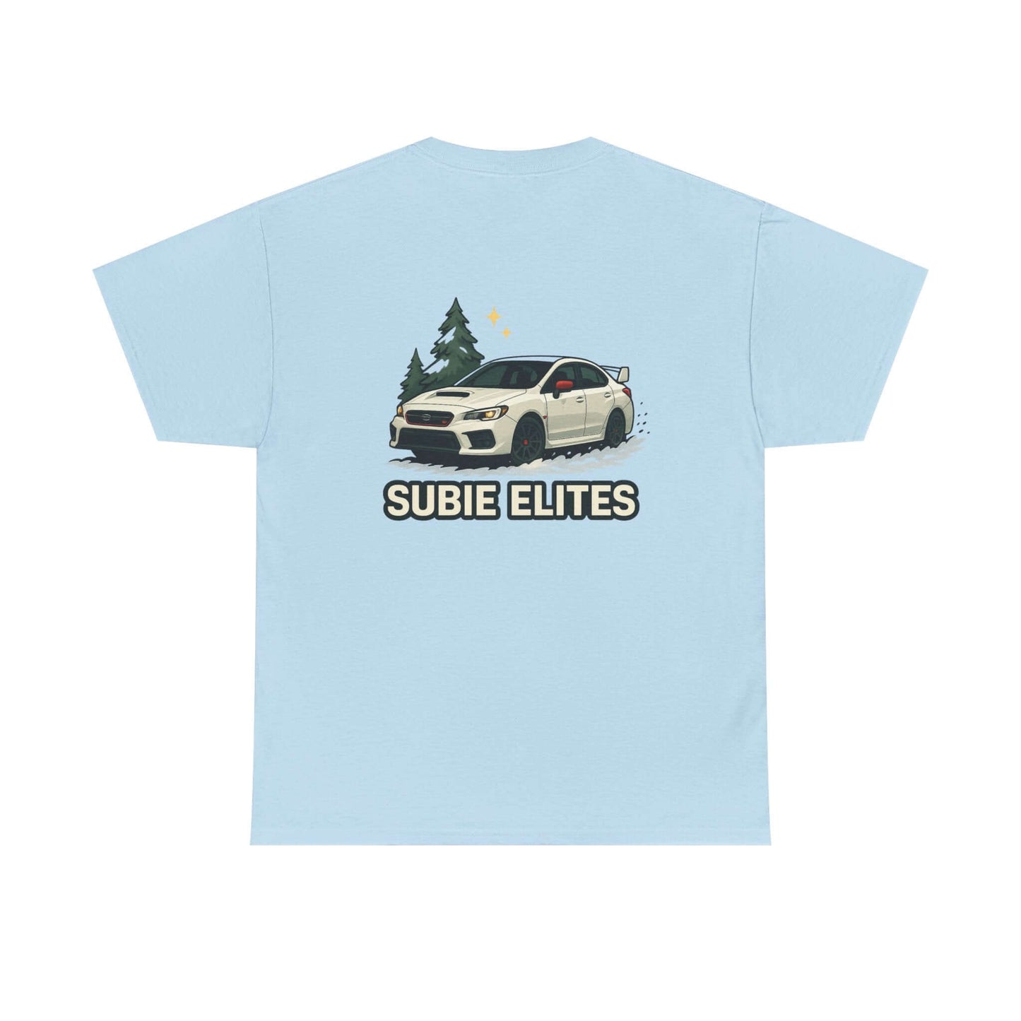 Subie Elites T-Shirt —WRX/STI  Car Club Graphic Tee featuring a Subaru and pine silhouettes on the back.