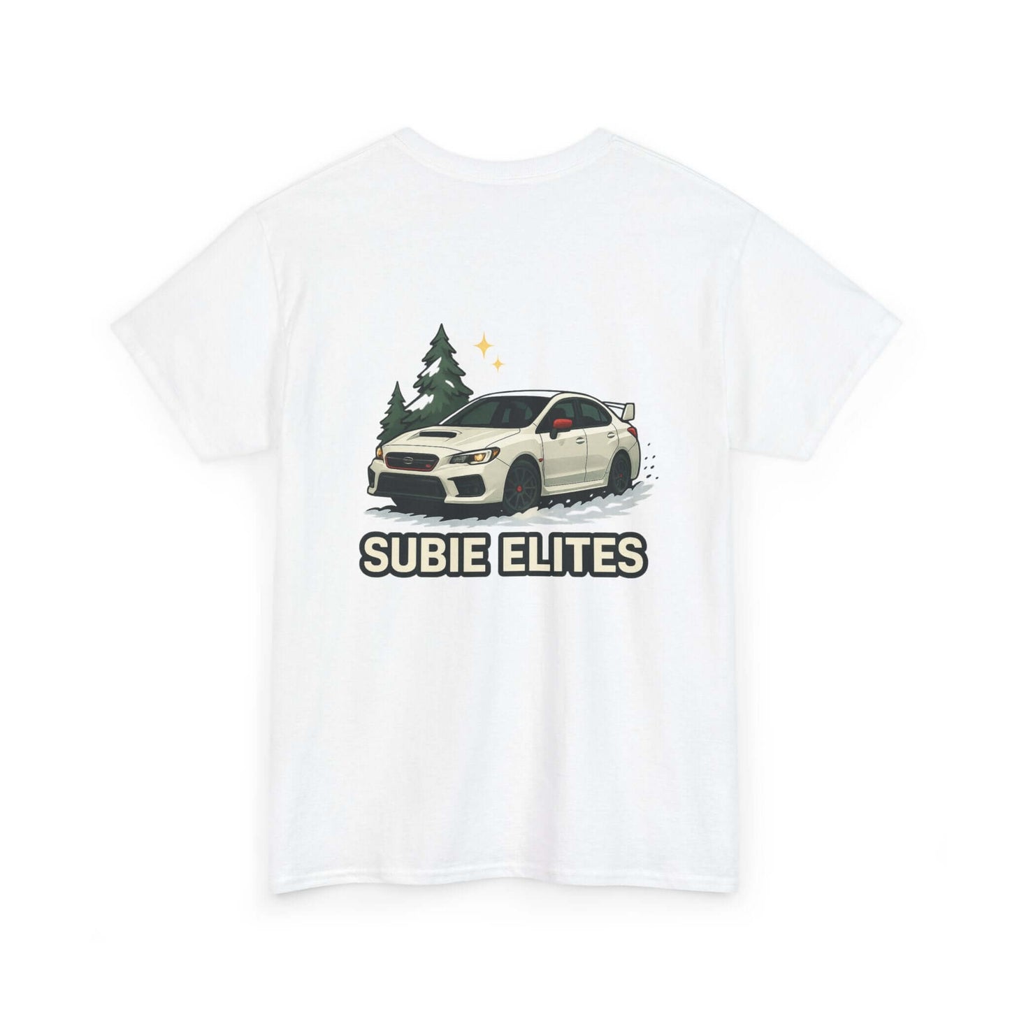 Subie Elites T-Shirt —WRX/STI Car Club Graphic Tee featuring a white tee with Subaru illustration and pine trees.