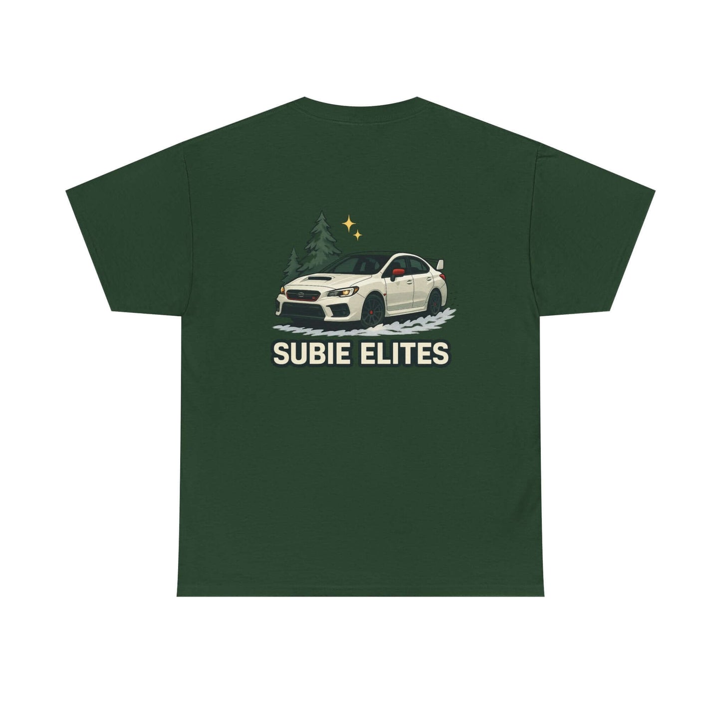 Subie Elites T-Shirt —WRX/STI  Car Club Graphic Tee featuring a Subaru parked beneath pine trees.